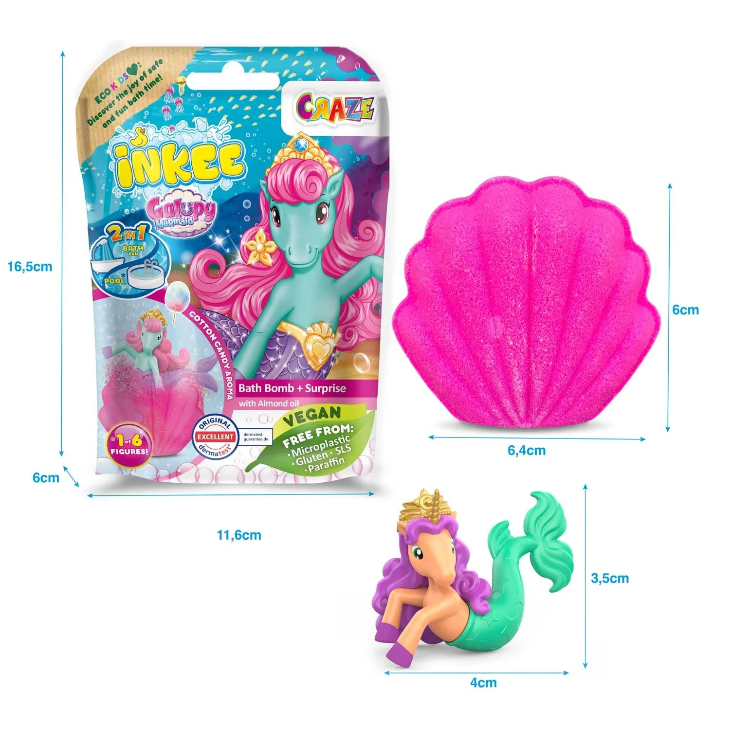 INKEE Surprise GALUPY MERMAID | Einhorn Badebombe mit Überraschung, Kinder Badekugeln in Muschelform mit Meerjungfrau Figuren & Zuckerwatte Aroma - Image 3