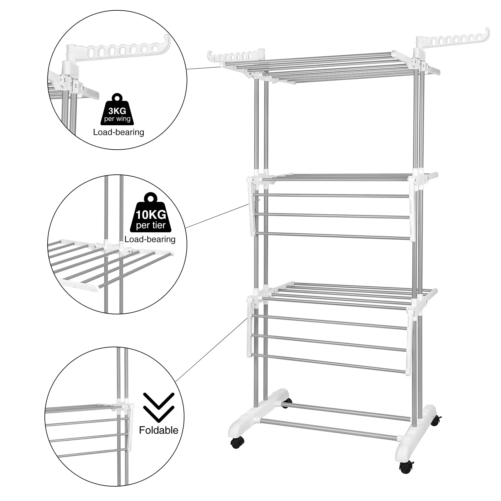 Innotic Wäscheständer mit Rollen Multifunktional 4 etagen Wäscheständer Turm Klappbar Standtrockner Wäscheständer Platzsparender mit Flügel Wäscheturm fur Innen und draußen (Weiß Grau) - Image 6