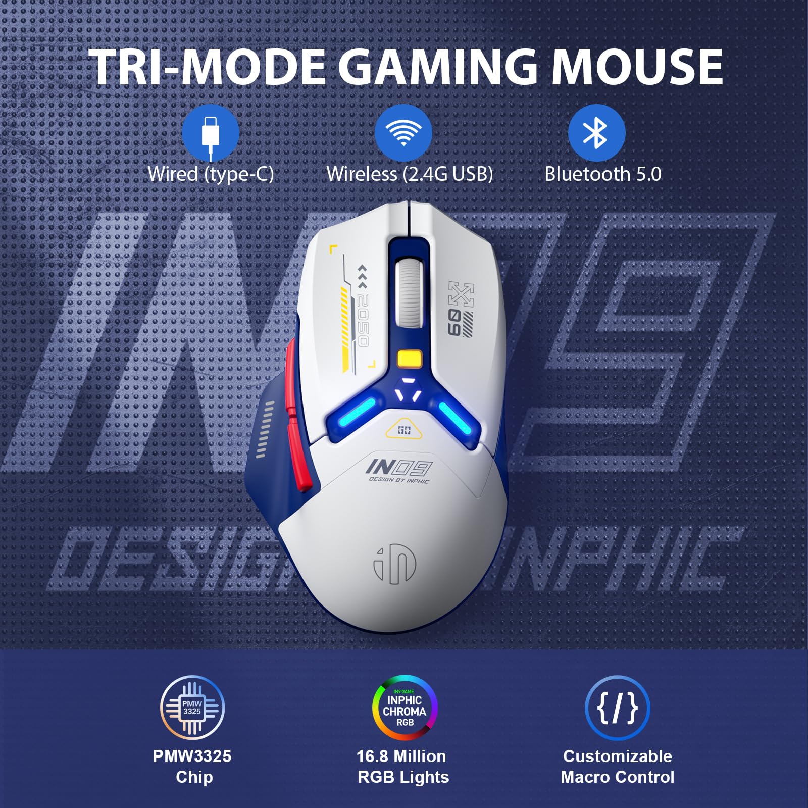 INPHIC IN9 Gaming Maus kabellos, echte Tri-Mode 2,4G Wireless/Type-C Wired/Bluetooth Maus, 10k DPl, vollständig programmierbar, RGB-Beleuchtung, Hyperspeed wiederaufladbare Funkmaus für Laptop PC,Blau - Image 4