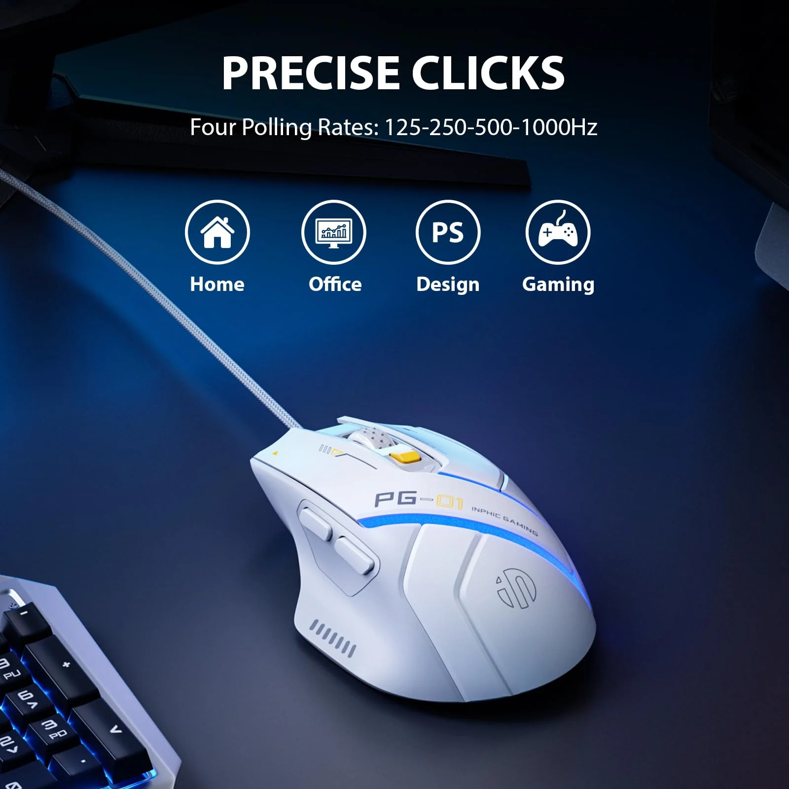 INPHIC PG1 Gaming Maus mit Kabel, 12800 DPI Hochpräzise, 6 programmierbare Tasten, atmungsaktive RGB Hintergrundbeleuchtung Ergonomische PC Maus Kabel für Computer/Mac/Laptop - Weiß - Image 5