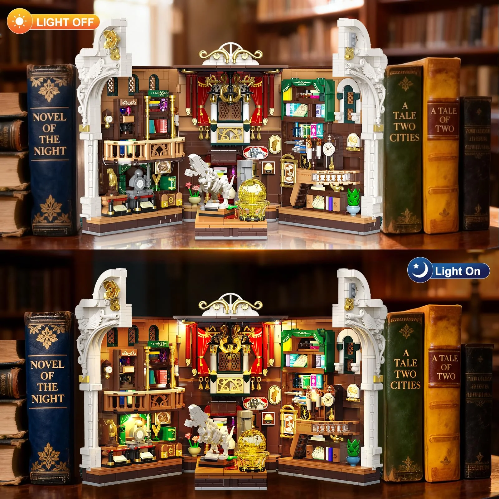 INSOON Dinosauriermuseum Book Nook Bauspielzeugset mit Licht, DIY Booknook Klemmbausteine Baustein Set Haus Dekor, 1500 Stück Miniatur Haus Bauset Geschenk für Erwachsene Kinder Mädchen Jungen 12+ - Image 5