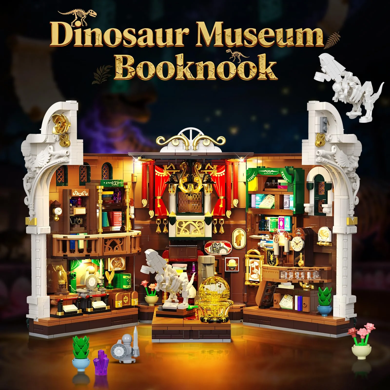 INSOON Dinosauriermuseum Book Nook Bauspielzeugset mit Licht, DIY Booknook Klemmbausteine Baustein Set Haus Dekor, 1500 Stück Miniatur Haus Bauset Geschenk für Erwachsene Kinder Mädchen Jungen 12+ - Image 9