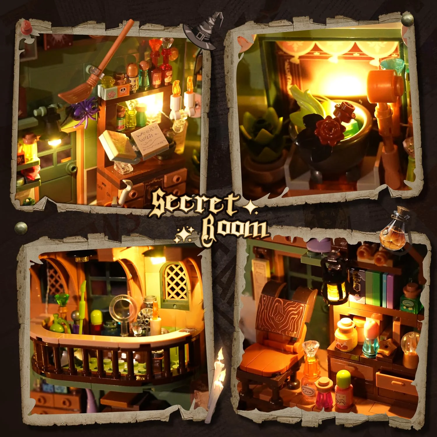 INSOON Magisches Zaubertrank Book Nook Haus Bauspielzeugset mit LED, 990 Stück Magic DIY Bookend Baustein Kit für Heimdekor, Booknook Klemmbausteine für Erwachsene Kinder Jungen Mädchen ab 10-12+ - Image 8