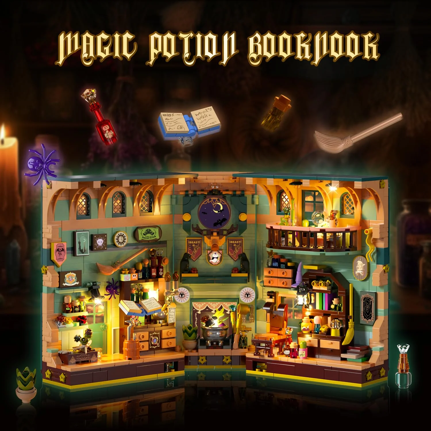 INSOON Magisches Zaubertrank Book Nook Haus Bauspielzeugset mit LED, 990 Stück Magic DIY Bookend Baustein Kit für Heimdekor, Booknook Klemmbausteine für Erwachsene Kinder Jungen Mädchen ab 10-12+ - Image 9