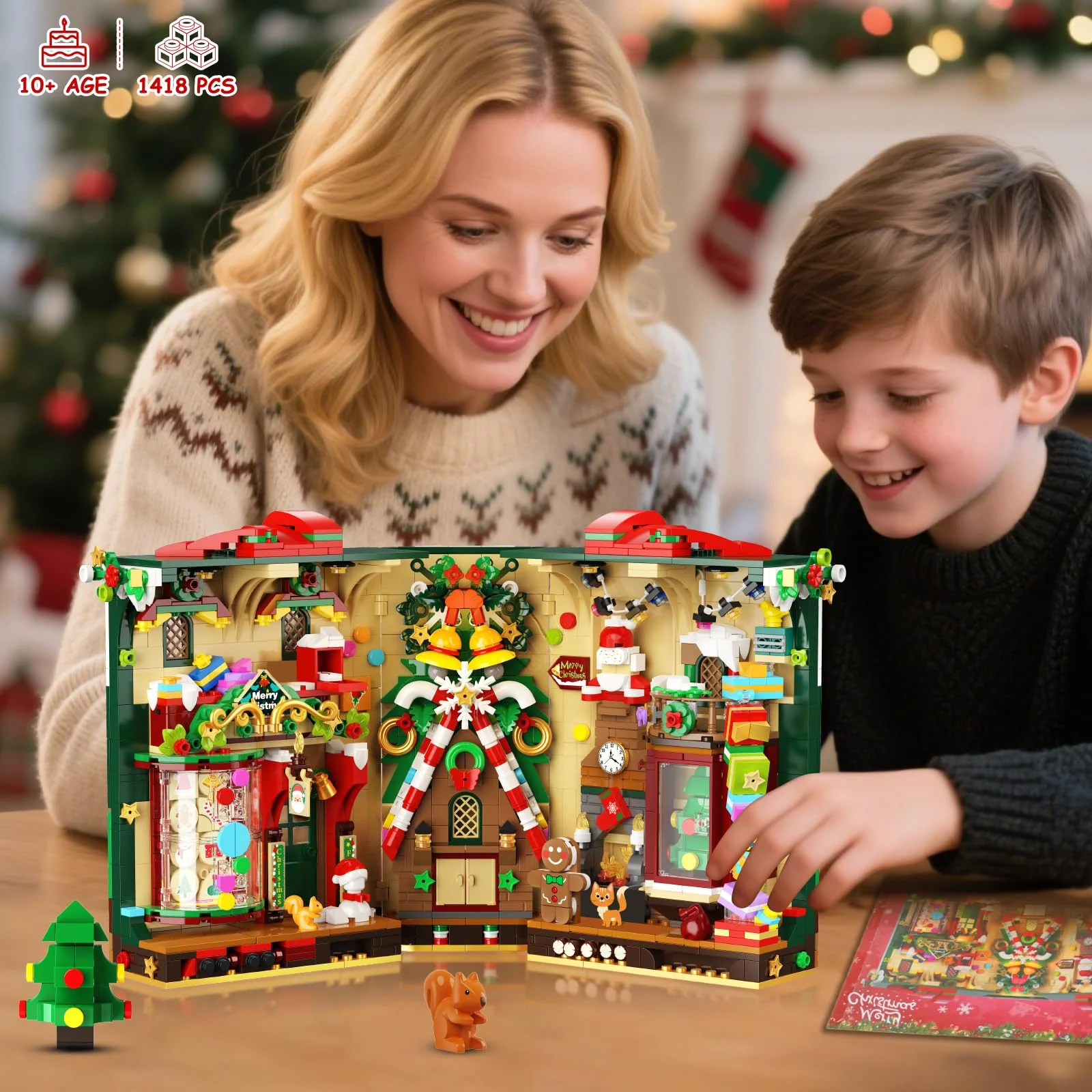 INSOON Weihnachten Book Nook Bauspielzeugset mit Licht, Weihnachts Bausteine Set mit Lebkuchenhaus Weihnachtsbaum, Weihnachts Baustein Geschenk Klemmbausteine für Erwachsene Kinder Mädchen Jungen 10+ - Image 6