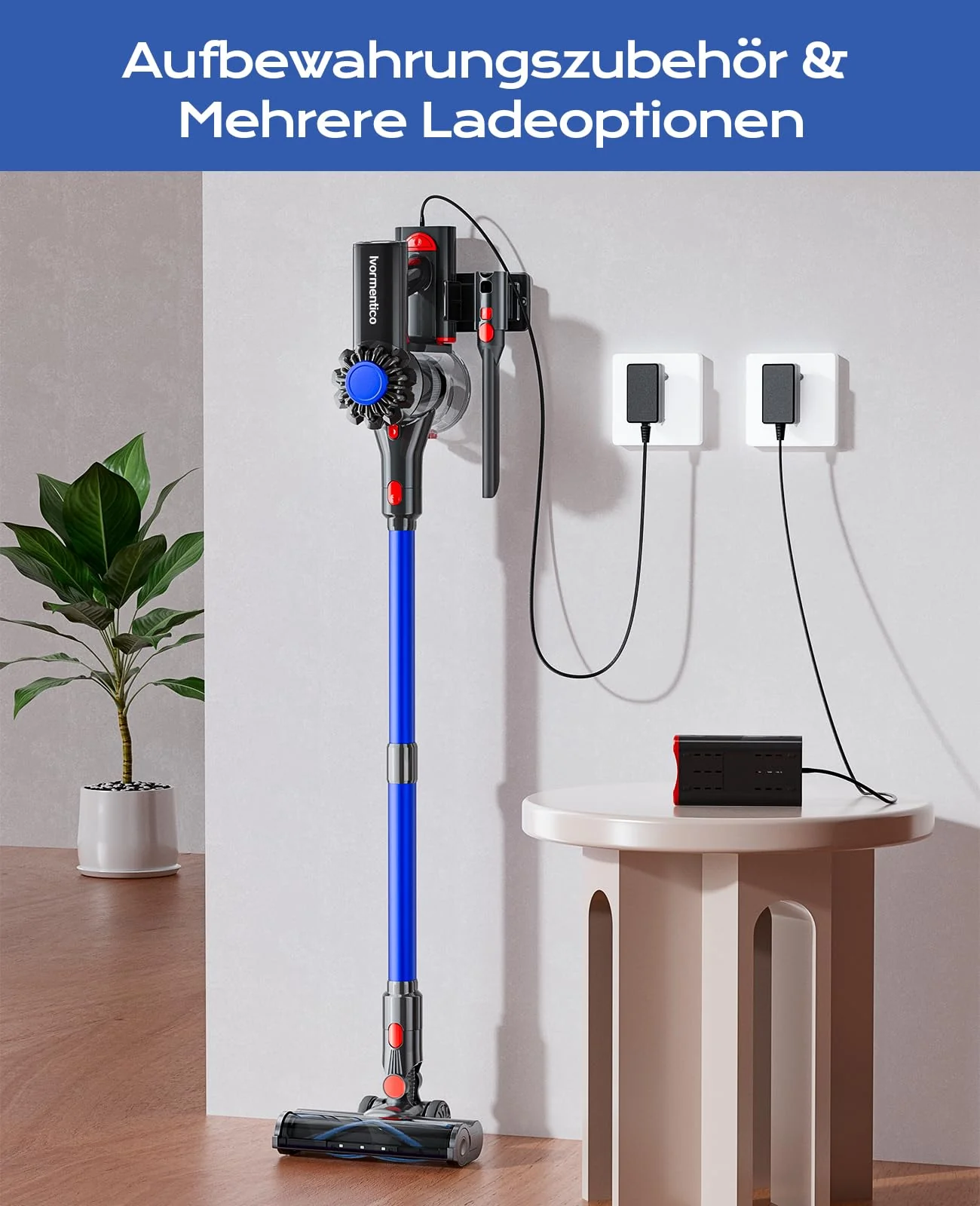 Ivormentico Akku Staubsauger Kabellos 50Mins/40KPA/450W, Akkustaubsauger mit Geen LED, Kabelloser Staubsauger mit Aufgerüstete Bodenbürste, Staubsauger Akku für Tierhaare, Blau - Image 3