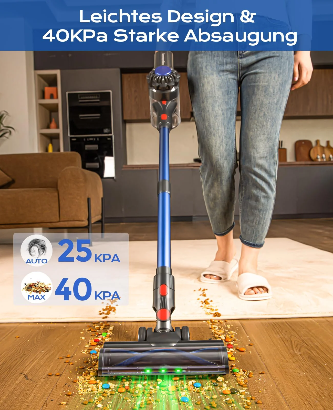 Ivormentico Akku Staubsauger Kabellos 50Mins/40KPA/450W, Akkustaubsauger mit Geen LED, Kabelloser Staubsauger mit Aufgerüstete Bodenbürste, StaubsaugerAkku für Tierhaare, Dunkelblau - Image 6