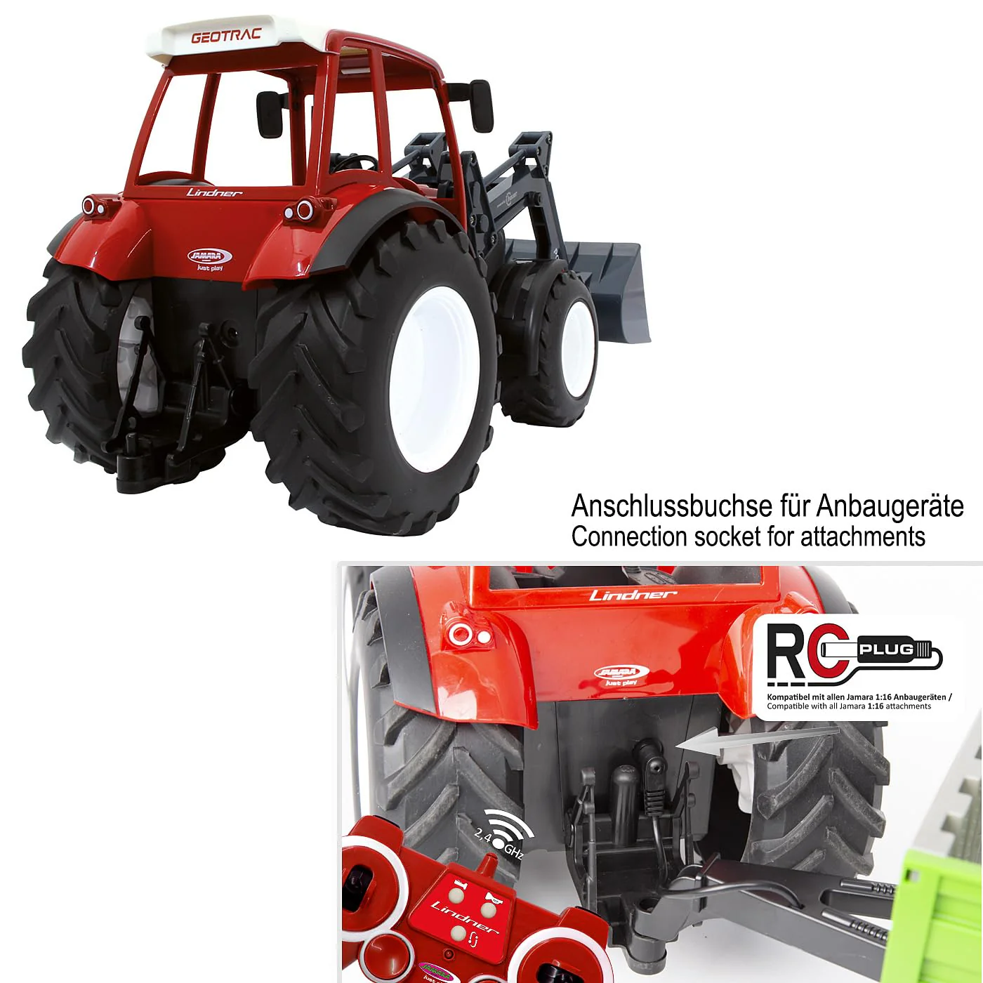 JAMARA 405050 Lindner Geotrac mit Frontlader 1:16 2,4GHz – realistischer Motorsound (abschaltbar), Rückfahrwarnsound, Hupe, 2 Radantrieb, helle LED‘s vorne, Blinker, Demofunktion, Rot - Image 3