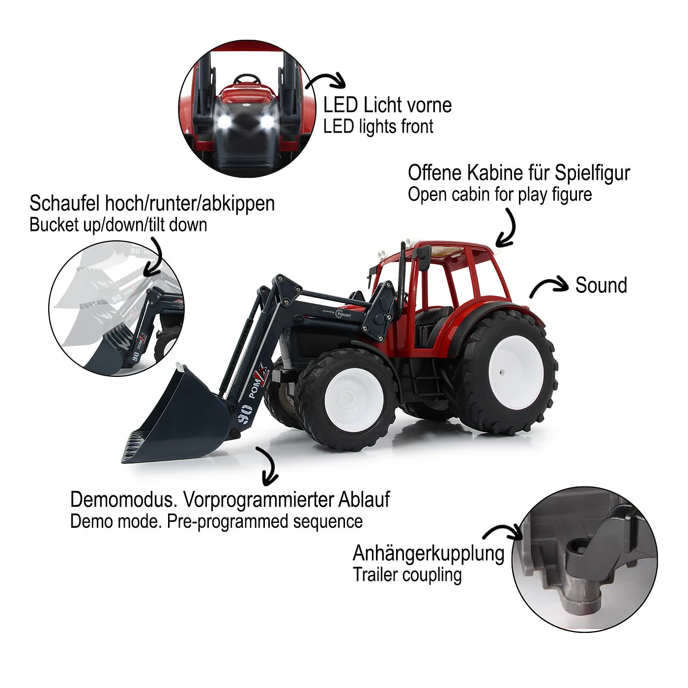 JAMARA 405050 Lindner Geotrac mit Frontlader 1:16 2,4GHz – realistischer Motorsound (abschaltbar), Rückfahrwarnsound, Hupe, 2 Radantrieb, helle LED‘s vorne, Blinker, Demofunktion, Rot - Image 4