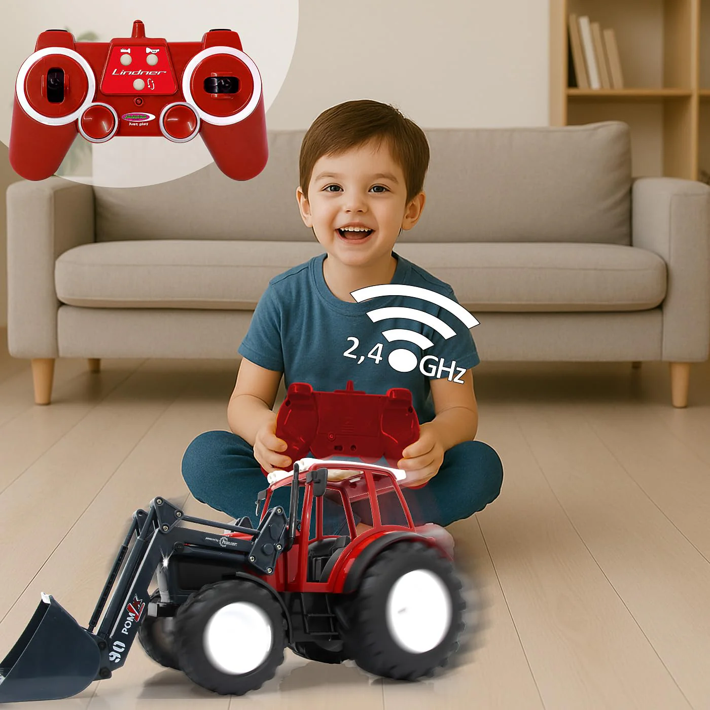 JAMARA 405050 Lindner Geotrac mit Frontlader 1:16 2,4GHz – realistischer Motorsound (abschaltbar), Rückfahrwarnsound, Hupe, 2 Radantrieb, helle LED‘s vorne, Blinker, Demofunktion, Rot - Image 7