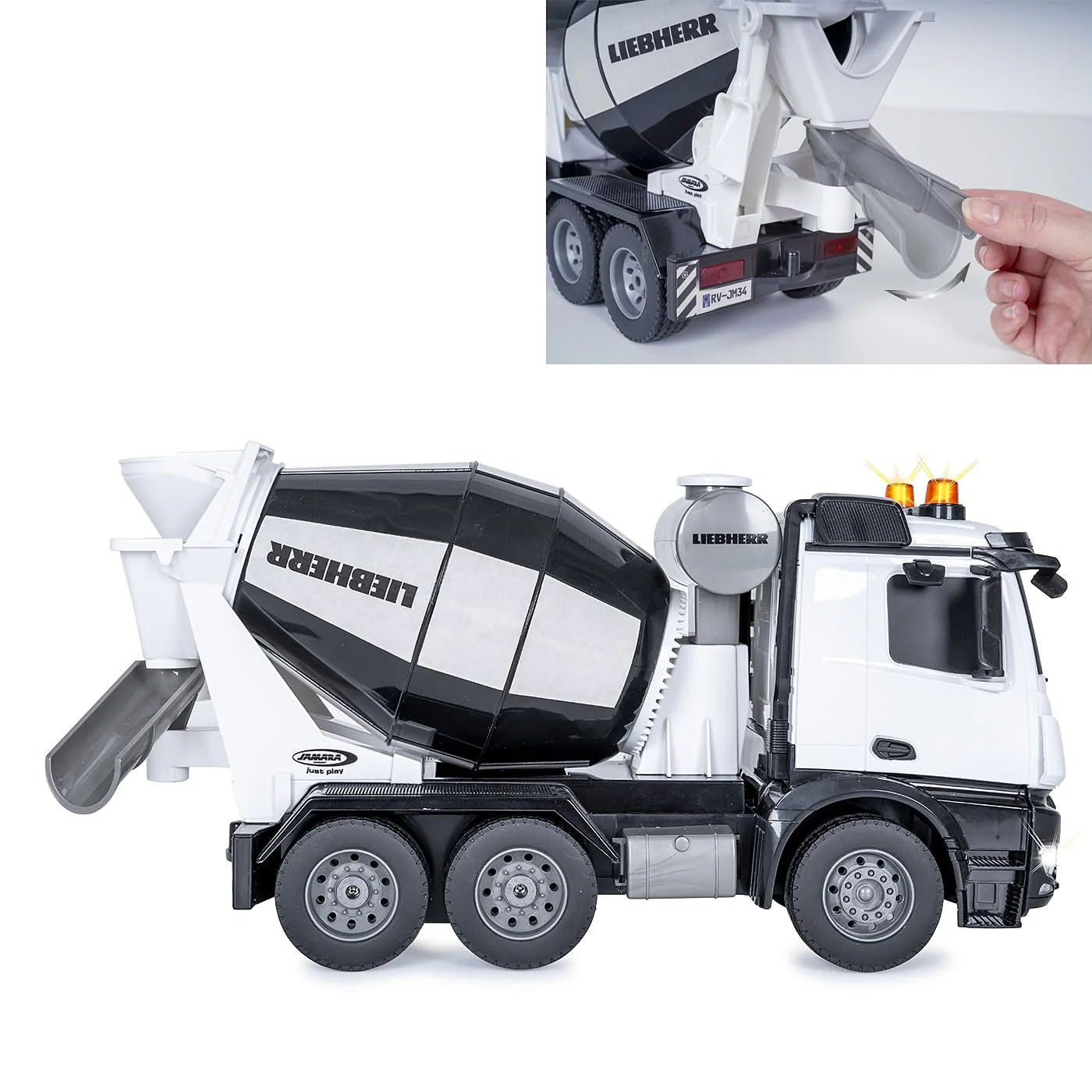 JAMARA Fahrmischer Mercedes-Benz Arocs Liebherr 1:20 2,4GHz - Offiziell lizenziert, Rückfahrwarnsound, 4 Radantrieb, Profilierte Gummireifen, LED Licht, Mischtrommel drehbar mit Entladefunktion - Image 3