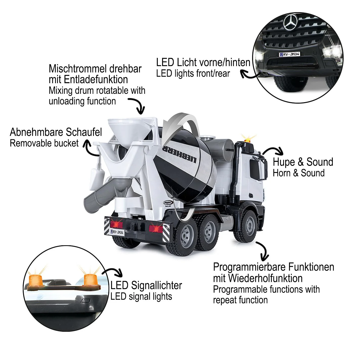 JAMARA Fahrmischer Mercedes-Benz Arocs Liebherr 1:20 2,4GHz - Offiziell lizenziert, Rückfahrwarnsound, 4 Radantrieb, Profilierte Gummireifen, LED Licht, Mischtrommel drehbar mit Entladefunktion - Image 4
