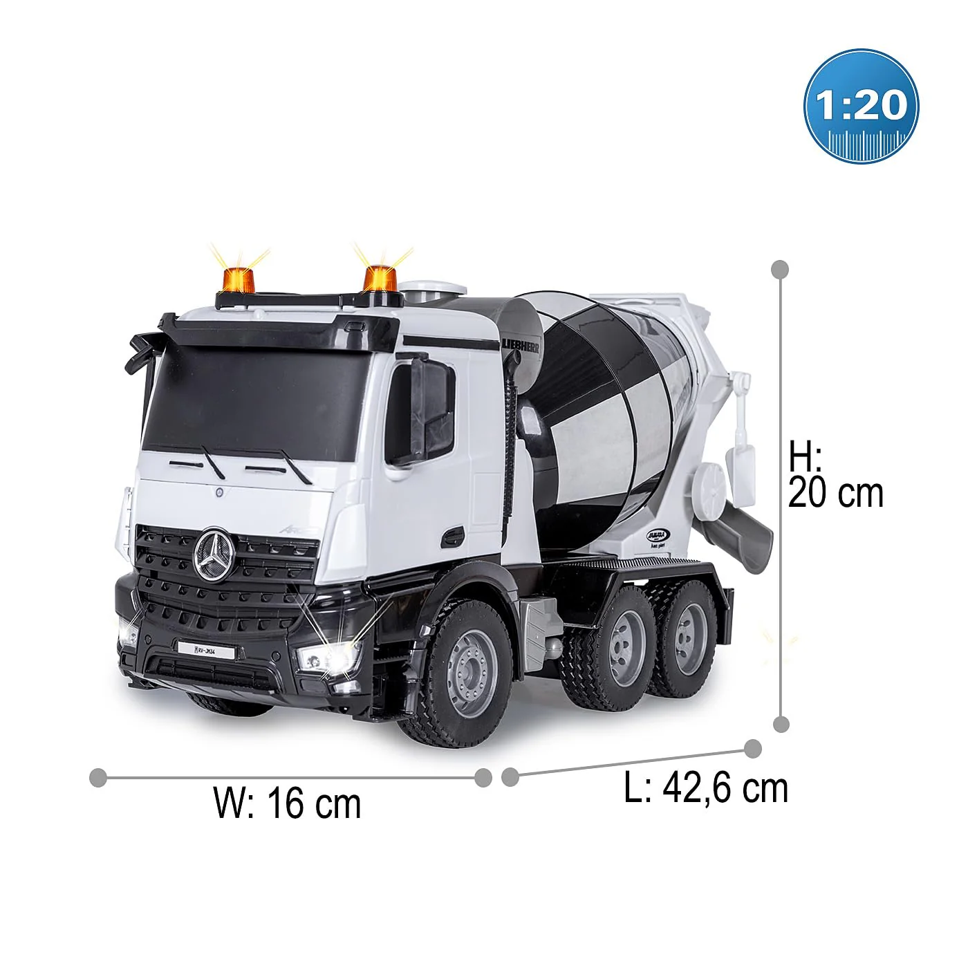 JAMARA Fahrmischer Mercedes-Benz Arocs Liebherr 1:20 2,4GHz - Offiziell lizenziert, Rückfahrwarnsound, 4 Radantrieb, Profilierte Gummireifen, LED Licht, Mischtrommel drehbar mit Entladefunktion - Image 5