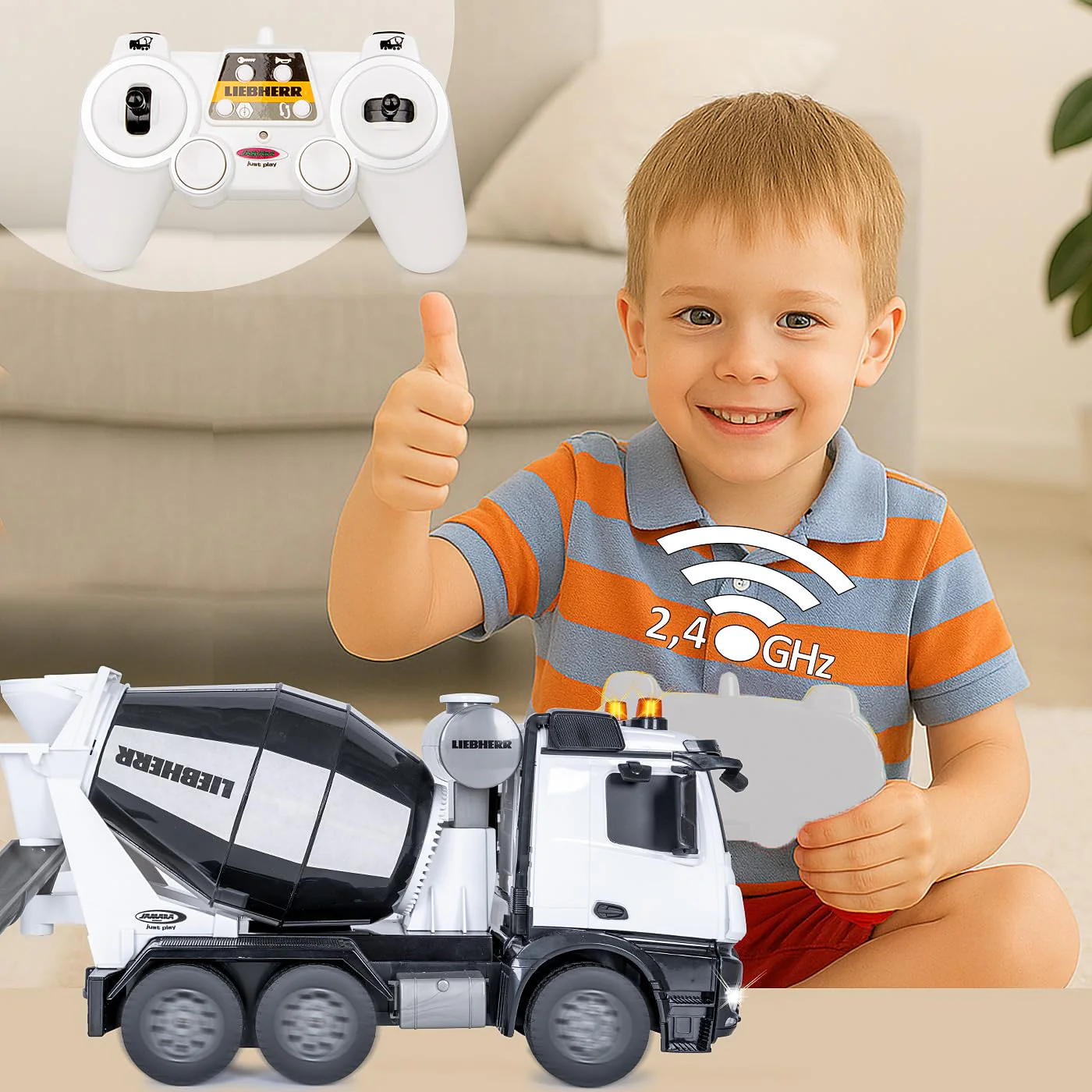 JAMARA Fahrmischer Mercedes-Benz Arocs Liebherr 1:20 2,4GHz - Offiziell lizenziert, Rückfahrwarnsound, 4 Radantrieb, Profilierte Gummireifen, LED Licht, Mischtrommel drehbar mit Entladefunktion - Image 6