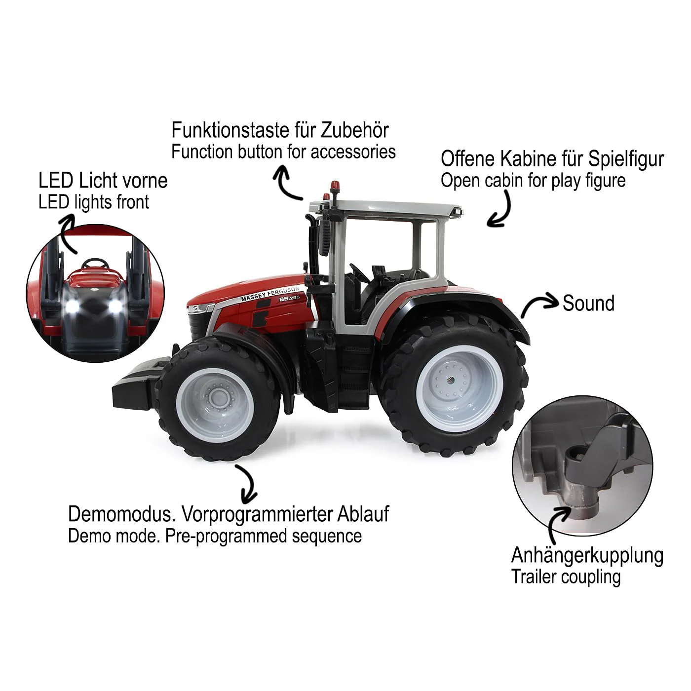 JAMARA Massey Ferguson 8S.285 1:16 2,4Ghz - RC Traktor, Motorsound (abschaltbar), Rückfahrwarnsound, Abschaltfunktion, 2 Radantrieb, Gummireifen, helle LED, Blinker, Demo Funktion - Image 3