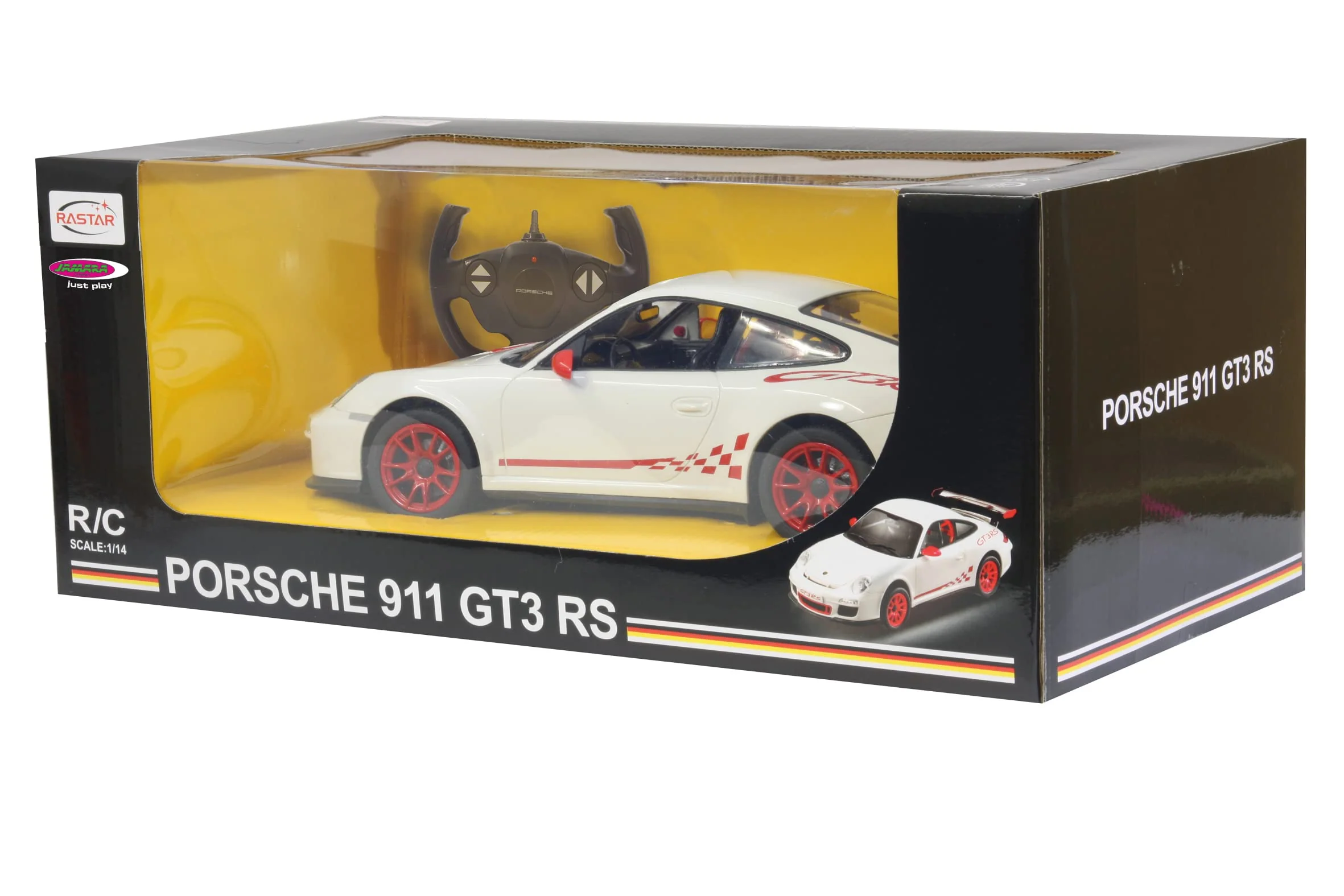 JAMARA Porsche GT3 RS 1:14 Weiss 2,4GHz - offiziell lizenziert, bis 1 Std. Fahrzeit bei 11 Km/h, LED, Perfekt nachgebildete Details, detaillierter Innenraum,hochwertige Verarbeitung - Image 2
