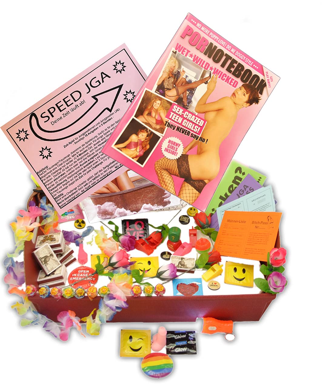 jameitop® Bauchladen (Inhalt) Starter Set + JGA Spiel mit 18 lustigen Aufgaben + 80 Teile JGA Edition Junggesellenabschied Inhalt
