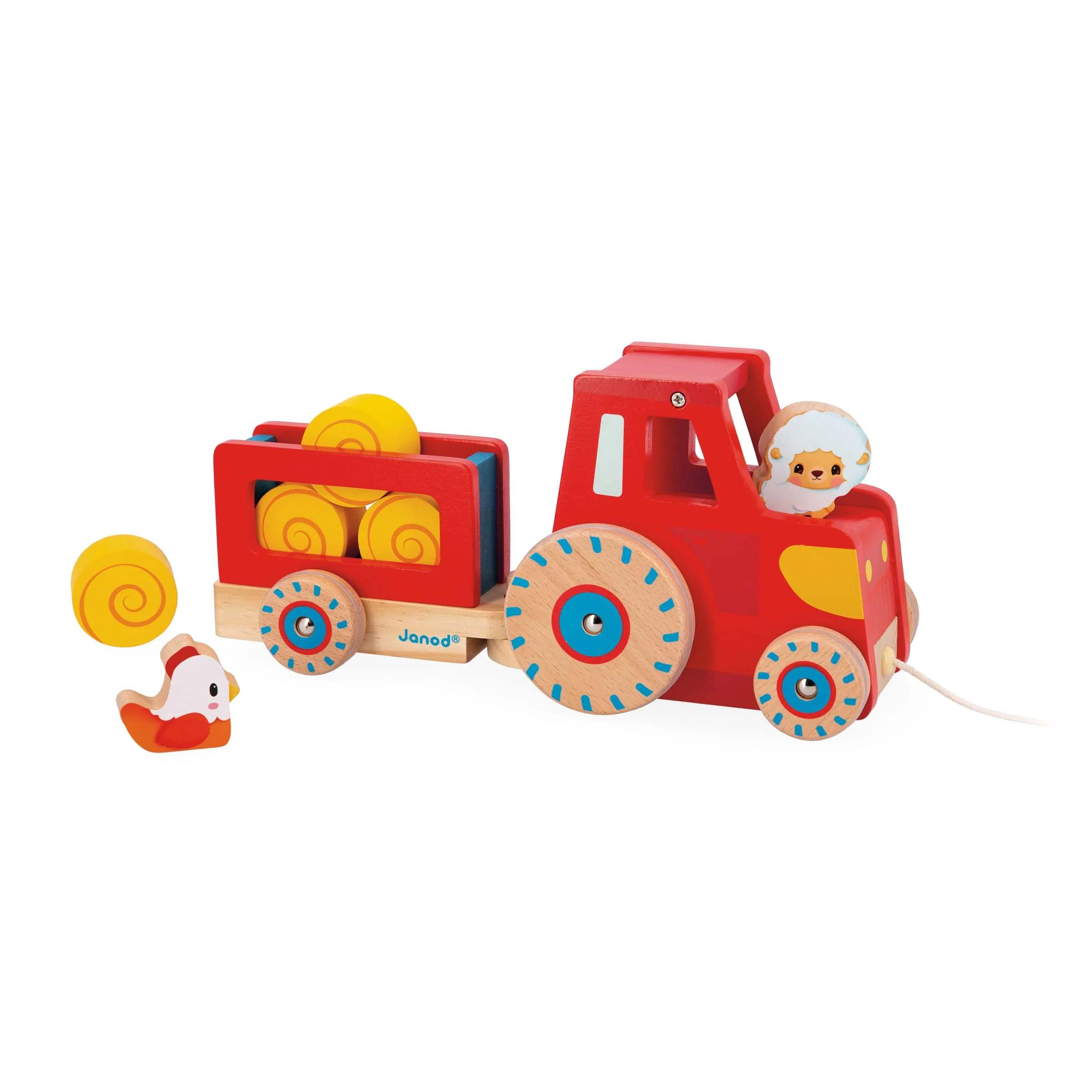 Janod - Traktor zum Ziehen - Baby- und Kleinkindspielzeug - 1 Spielzeugtraktor + 6 Zubehörteile - Geräuscharme Räder - Fördert die Motorik - Spielzeug aus FSC-Holz - Ab 12 Monaten, J03317
