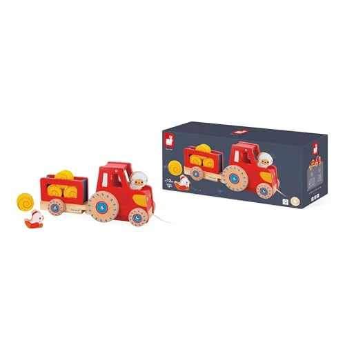 Janod - Traktor zum Ziehen - Baby- und Kleinkindspielzeug - 1 Spielzeugtraktor + 6 Zubehörteile - Geräuscharme Räder - Fördert die Motorik - Spielzeug aus FSC-Holz - Ab 12 Monaten, J03317 - Image 3