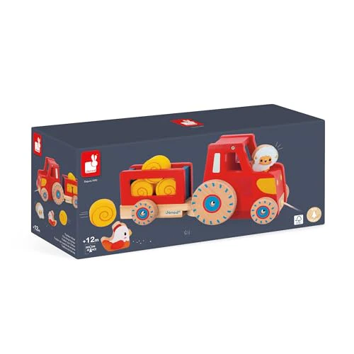Janod - Traktor zum Ziehen - Baby- und Kleinkindspielzeug - 1 Spielzeugtraktor + 6 Zubehörteile - Geräuscharme Räder - Fördert die Motorik - Spielzeug aus FSC-Holz - Ab 12 Monaten, J03317 - Image 4