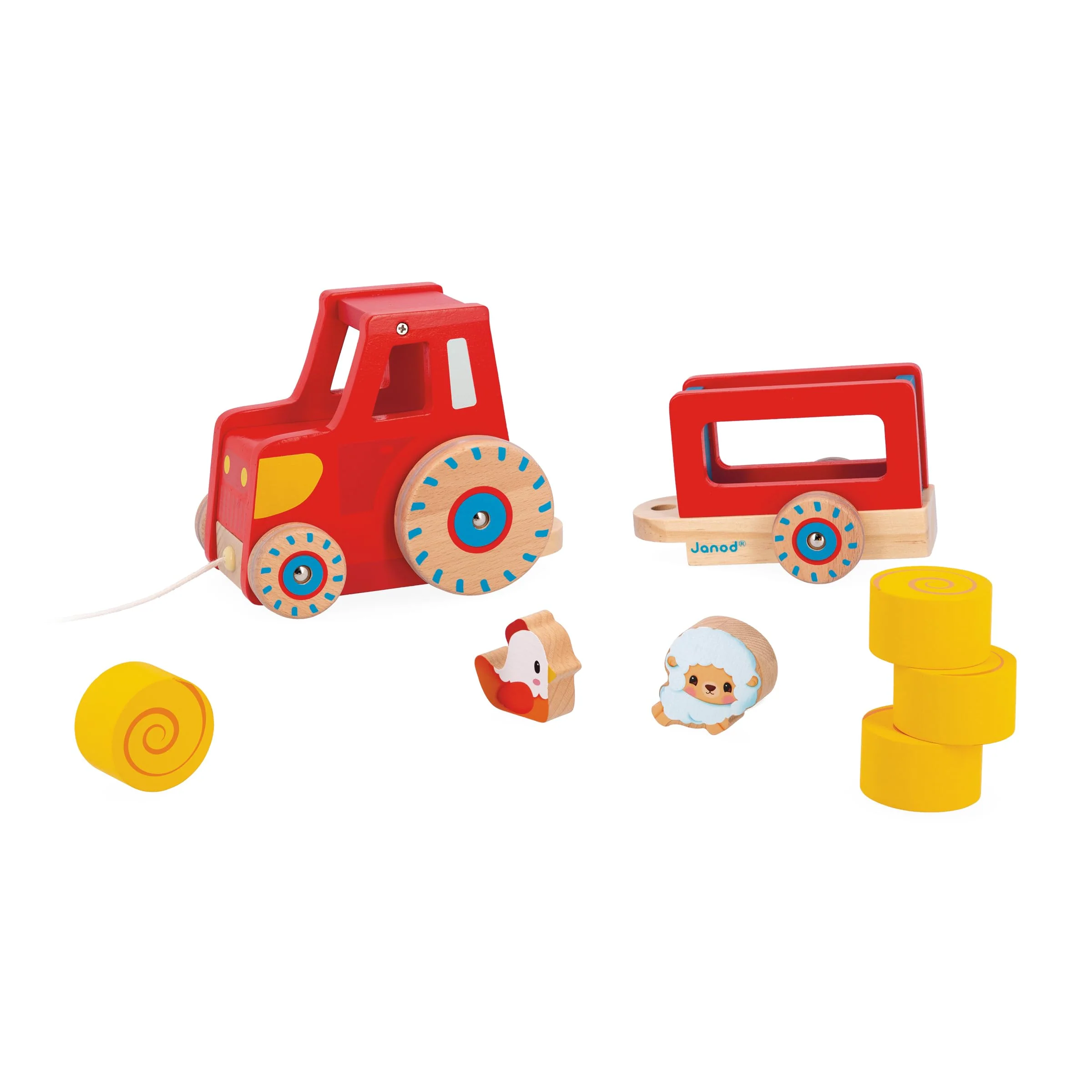 Janod - Traktor zum Ziehen - Baby- und Kleinkindspielzeug - 1 Spielzeugtraktor + 6 Zubehörteile - Geräuscharme Räder - Fördert die Motorik - Spielzeug aus FSC-Holz - Ab 12 Monaten, J03317 - Image 7