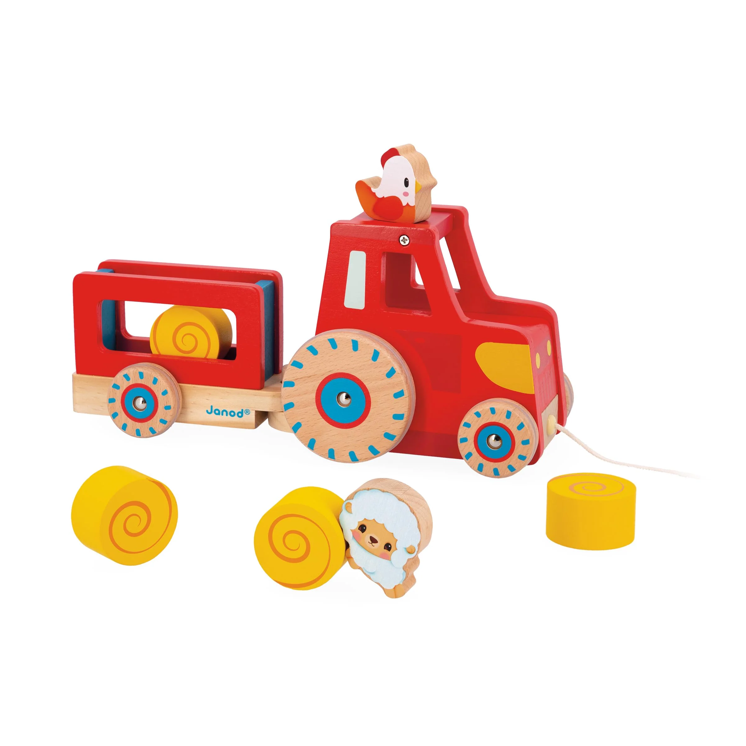 Janod - Traktor zum Ziehen - Baby- und Kleinkindspielzeug - 1 Spielzeugtraktor + 6 Zubehörteile - Geräuscharme Räder - Fördert die Motorik - Spielzeug aus FSC-Holz - Ab 12 Monaten, J03317 - Image 8