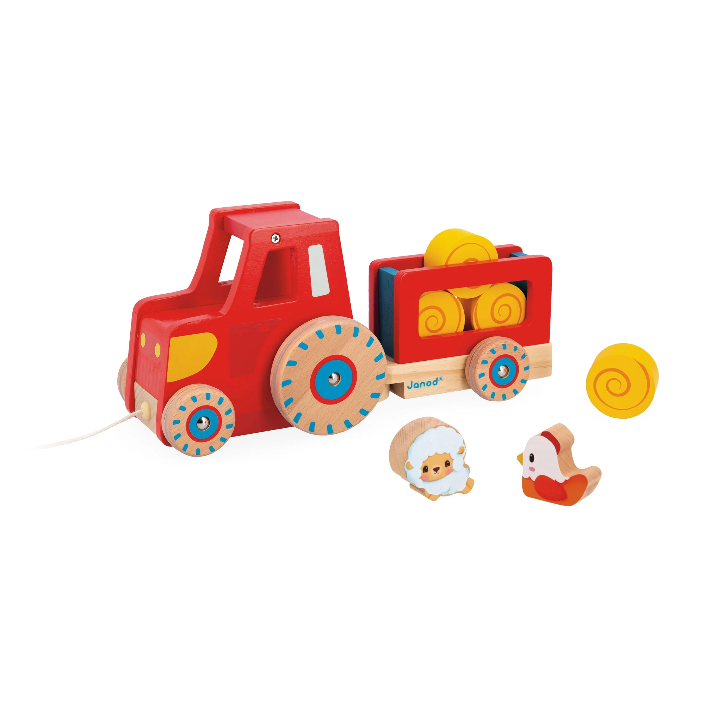 Janod - Traktor zum Ziehen - Baby- und Kleinkindspielzeug - 1 Spielzeugtraktor + 6 Zubehörteile - Geräuscharme Räder - Fördert die Motorik - Spielzeug aus FSC-Holz - Ab 12 Monaten, J03317 - Image 9