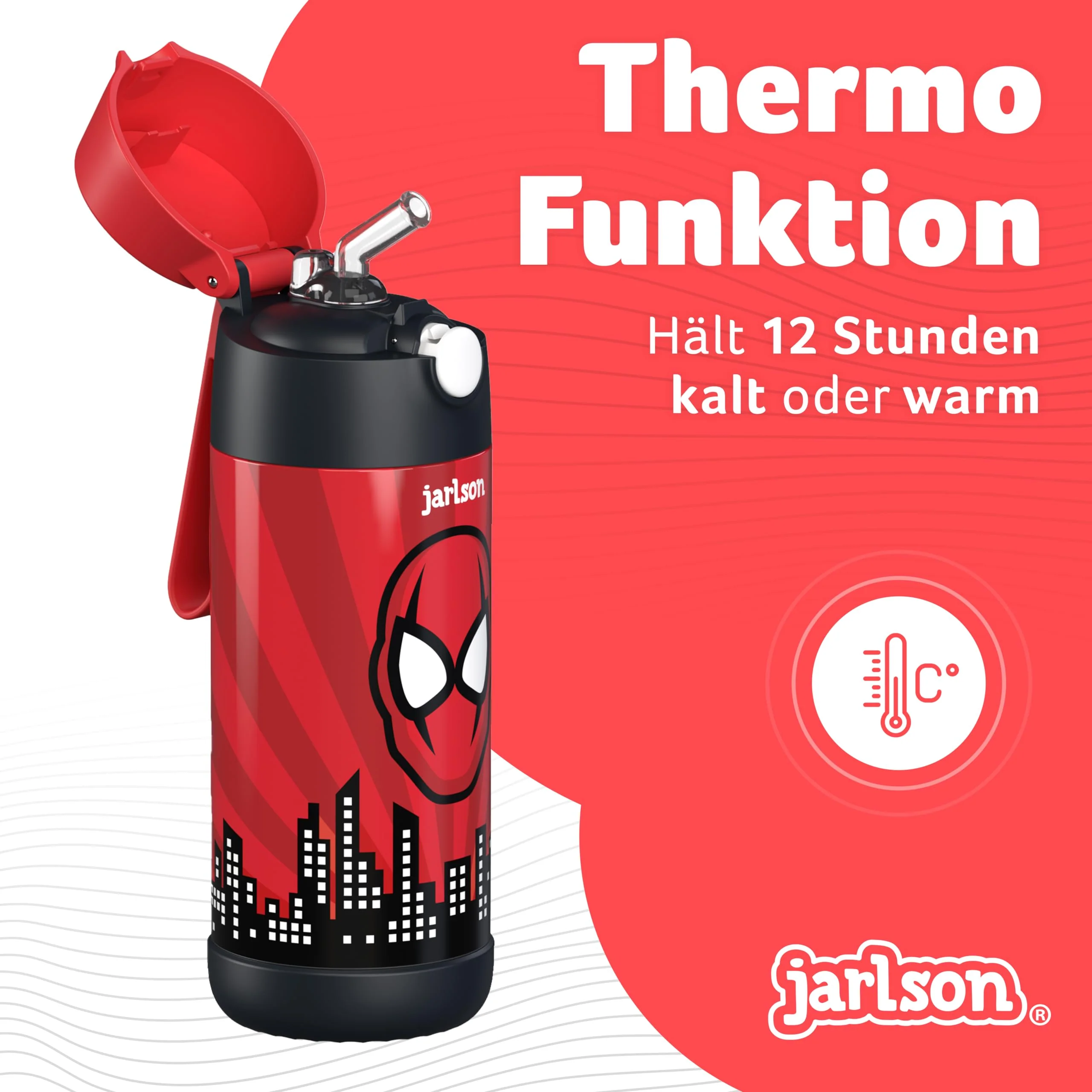 Jarlson® Trinkflasche Kinder Edelstahl Charli [MIT STROHHALM] - Thermosflasche Auslaufsicher - Thermoskanne - Water Bottle Kids - Thermo Trink Flasche für Schule & Kindergarten (350ml, Superheld rot) - Image 7