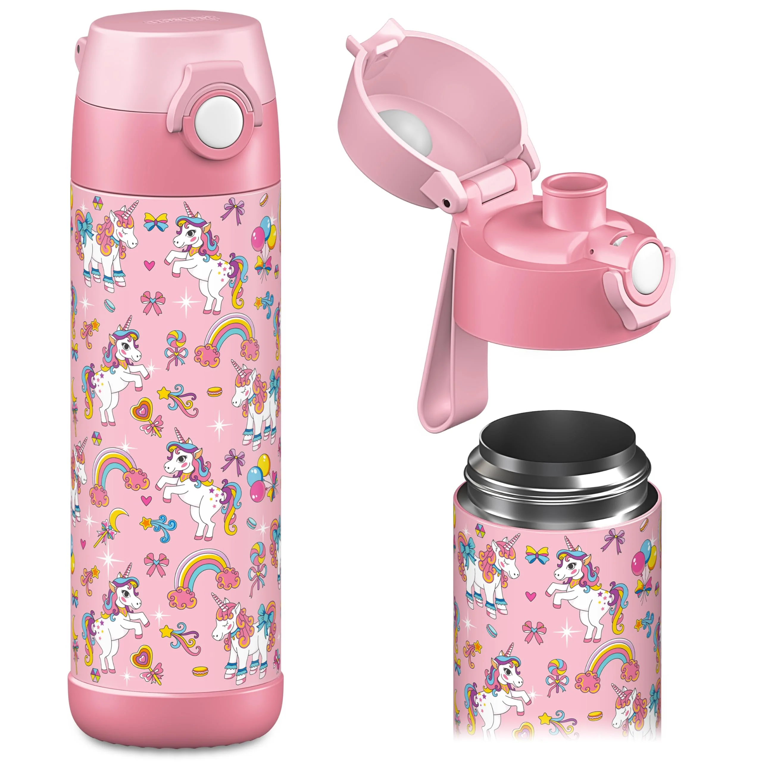 Jarlson® Trinkflasche Kinder Edelstahl MALI [THERMOSFLASCHE] - Kindertrinkflasche Auslaufsicher - Thermoskanne Kohlensäure geeignet - Thermo Trink Flasche für Schule & Kindergarten (500ml, Einhorn)