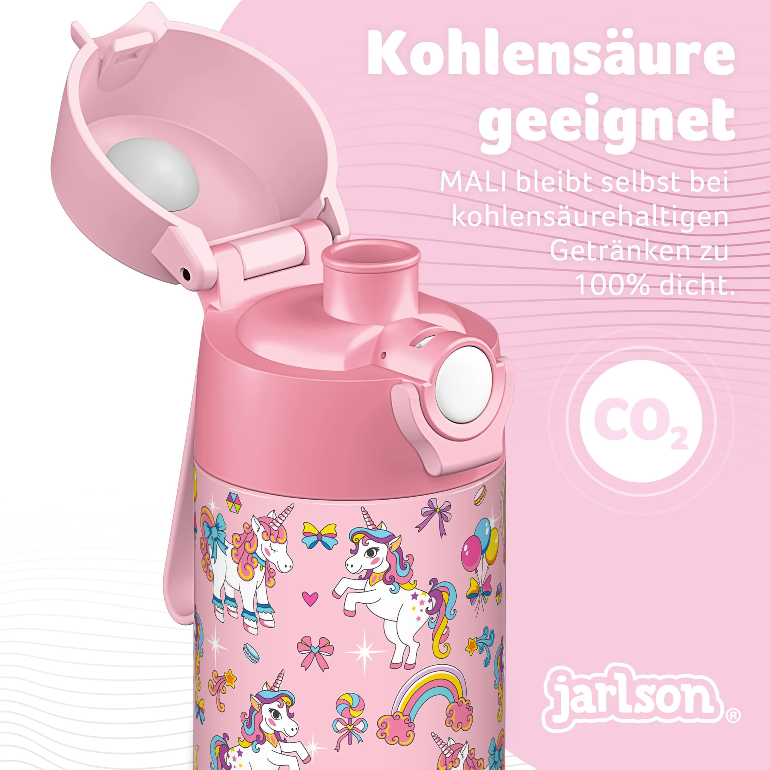 Jarlson® Trinkflasche Kinder Edelstahl MALI [THERMOSFLASCHE] - Kindertrinkflasche Auslaufsicher - Thermoskanne Kohlensäure geeignet - Thermo Trink Flasche für Schule & Kindergarten (500ml, Einhorn) - Image 2