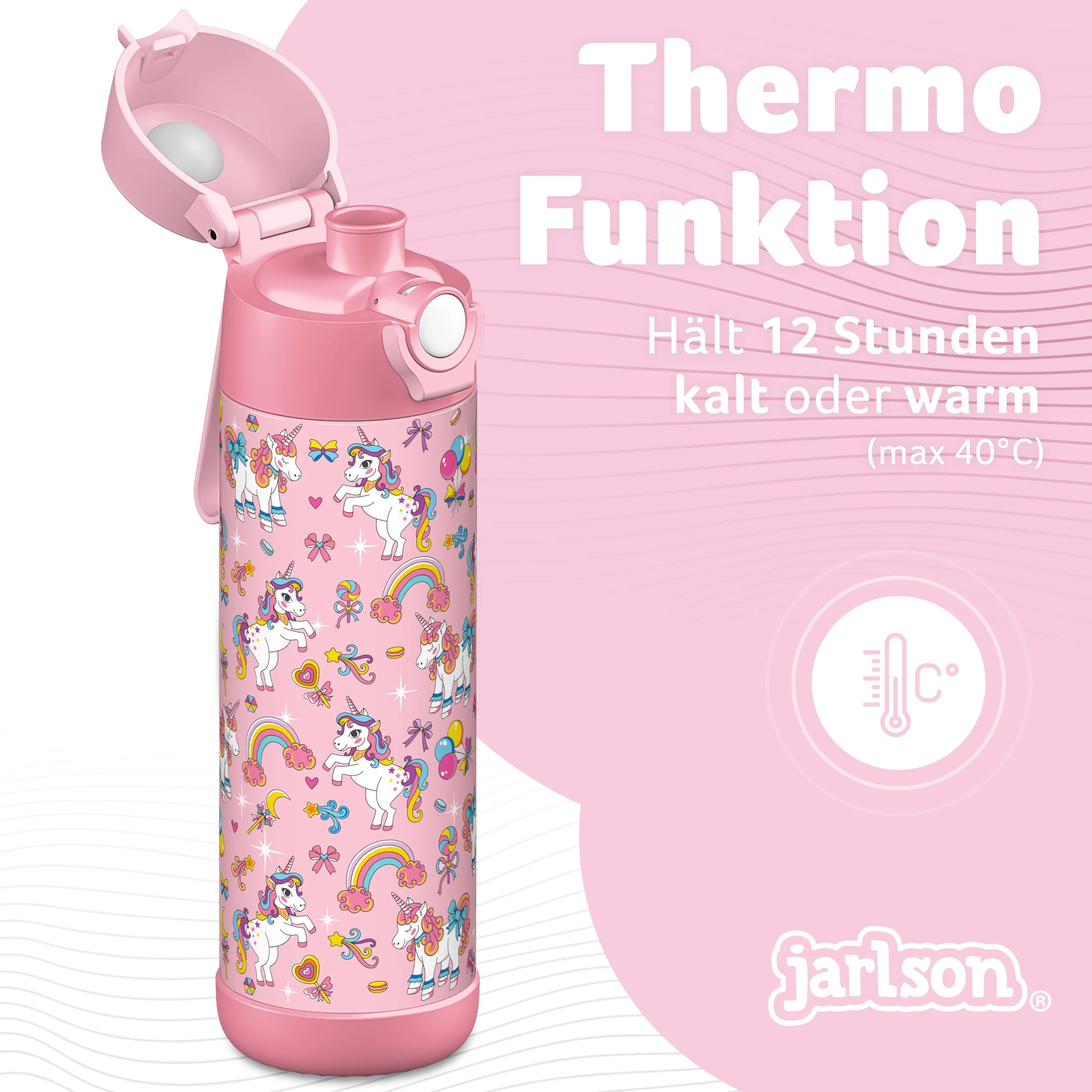 Jarlson® Trinkflasche Kinder Edelstahl MALI [THERMOSFLASCHE] - Kindertrinkflasche Auslaufsicher - Thermoskanne Kohlensäure geeignet - Thermo Trink Flasche für Schule & Kindergarten (500ml, Einhorn) - Image 6