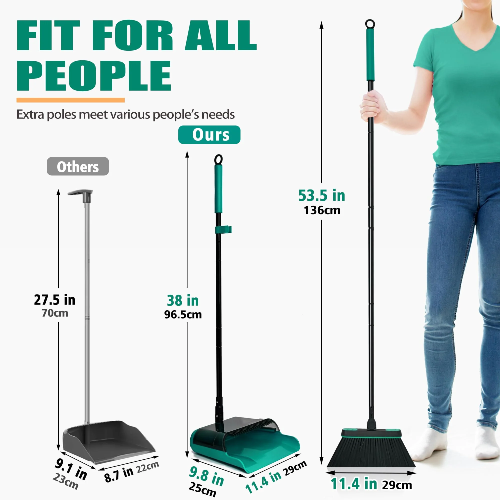 JEHONN Besen und Kehrschaufel Set mit Langem Stiel 136 cm, 180 Grad Drehbar Camping Kehrbesen Innen und Aufgerüstet Groß Schaufel für Vorzelt, Haus, Büro, Lobby, Terrasse (Grün) - Image 4