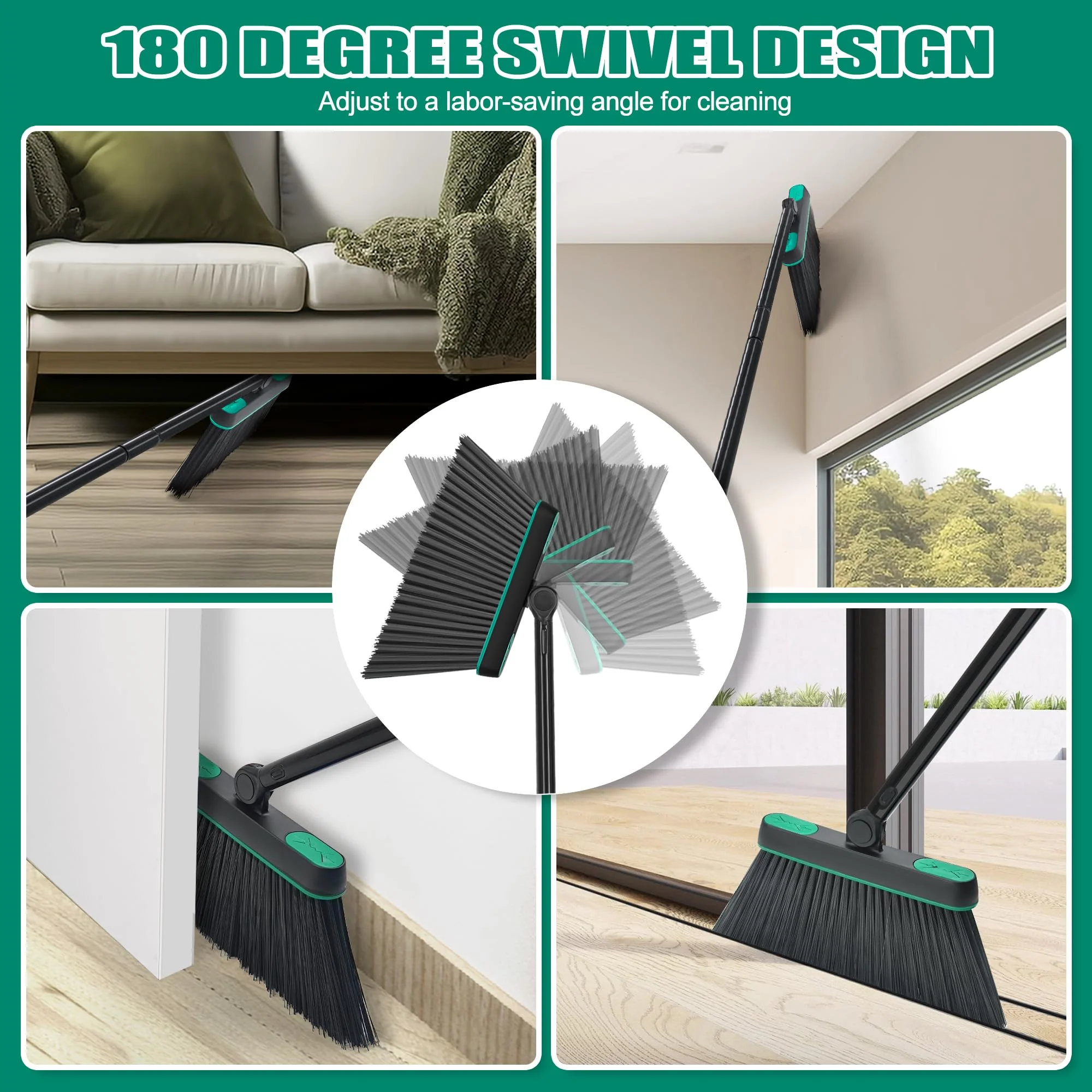 JEHONN Besen und Kehrschaufel Set mit Langem Stiel 136 cm, 180 Grad Drehbar Camping Kehrbesen Innen und Aufgerüstet Groß Schaufel für Vorzelt, Haus, Büro, Lobby, Terrasse (Grün) - Image 5