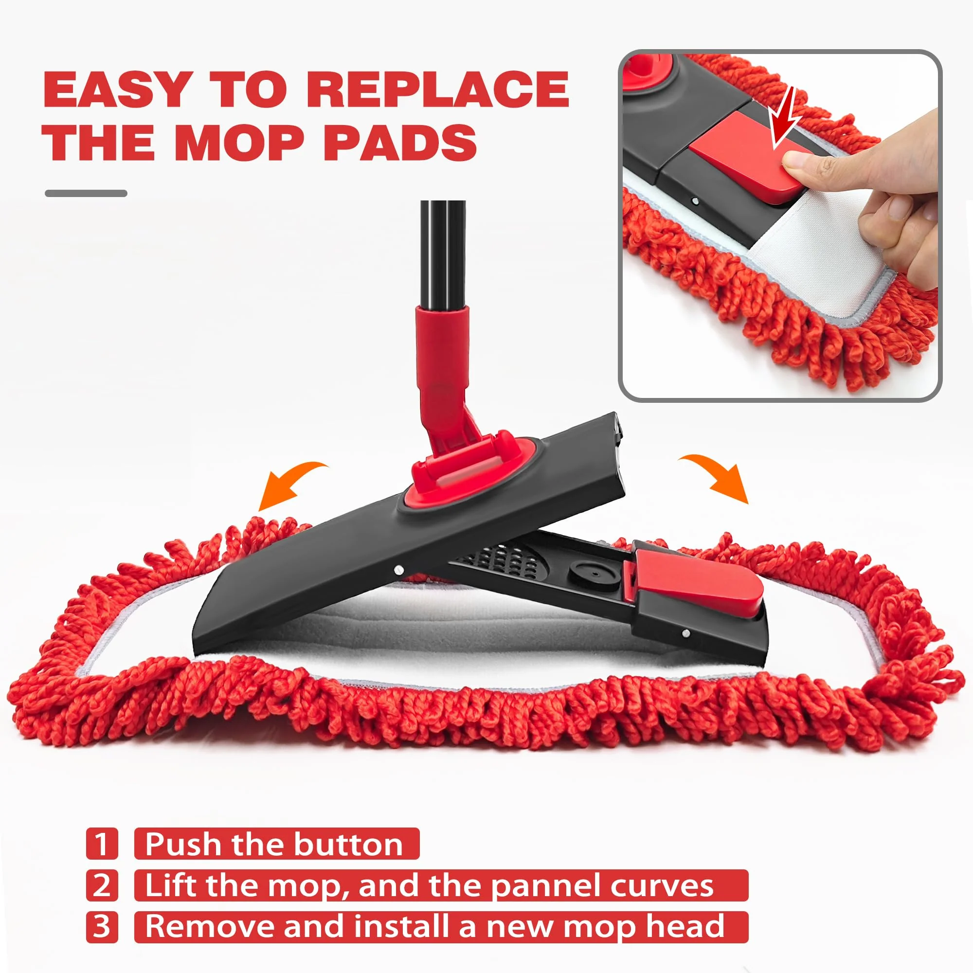 JEHONN Bodenwischer Wischmopp mit Mikrofaser & Chenille Pads, 127 cm Teleskopstiel Wischer Boden für Hartholz Laminat Fliesen Vinyl Küche Bad Haus (Rot)