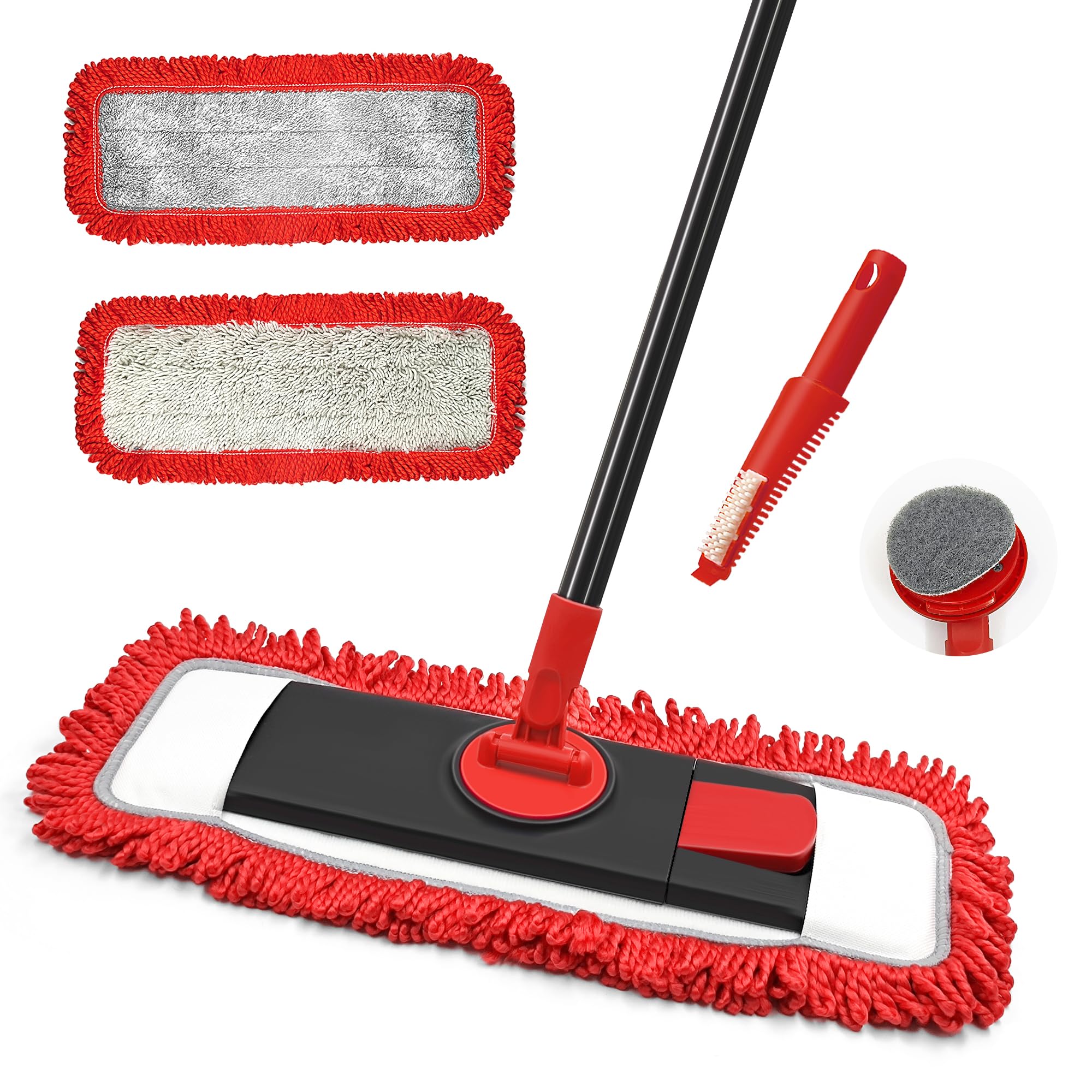JEHONN Bodenwischer Wischmopp mit Mikrofaser & Chenille Pads, 127 cm Teleskopstiel Wischer Boden für Hartholz Laminat Fliesen Vinyl Küche Bad Haus (Rot) - Image 2