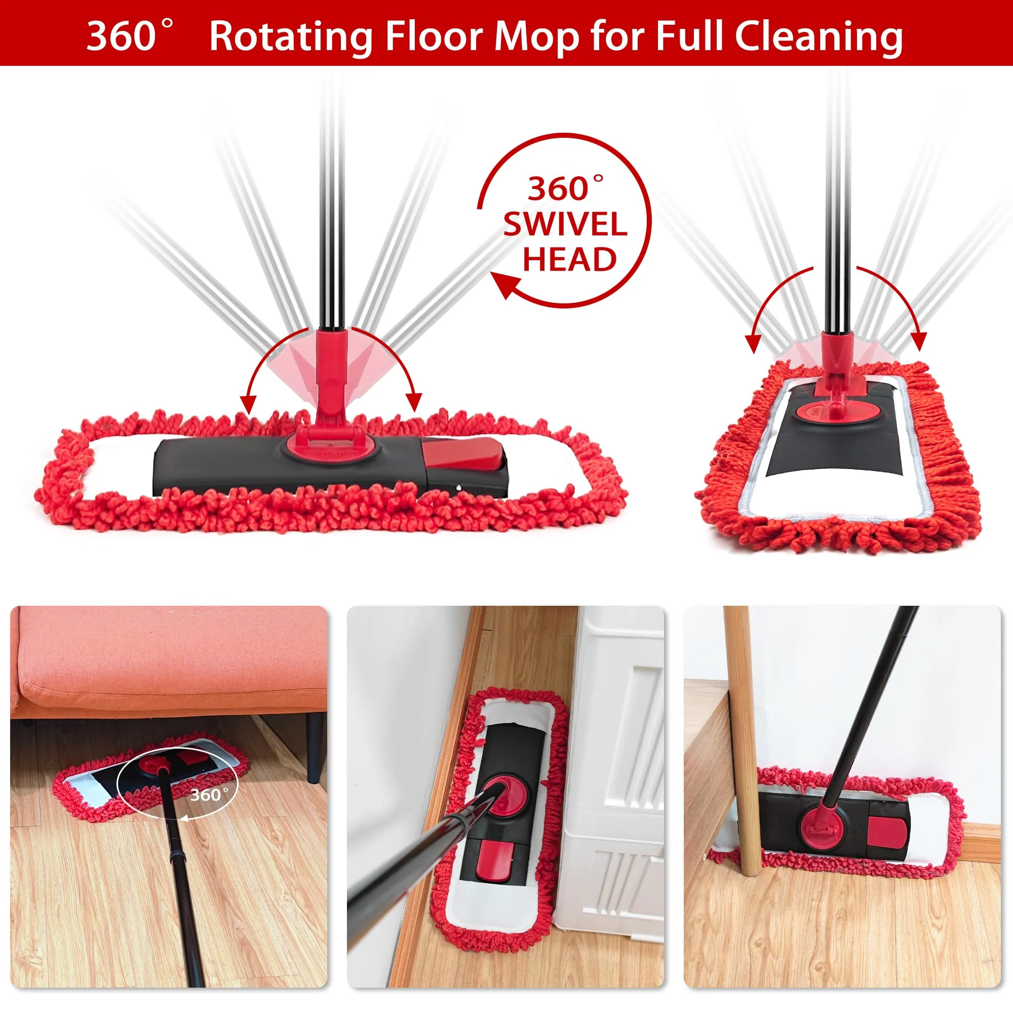 JEHONN Bodenwischer Wischmopp mit Mikrofaser & Chenille Pads, 127 cm Teleskopstiel Wischer Boden für Hartholz Laminat Fliesen Vinyl Küche Bad Haus (Rot) - Image 5