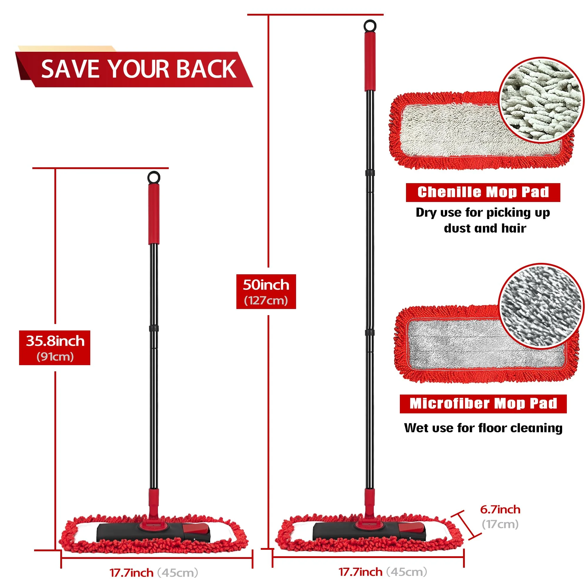 JEHONN Bodenwischer Wischmopp mit Mikrofaser & Chenille Pads, 127 cm Teleskopstiel Wischer Boden für Hartholz Laminat Fliesen Vinyl Küche Bad Haus (Rot) - Image 6