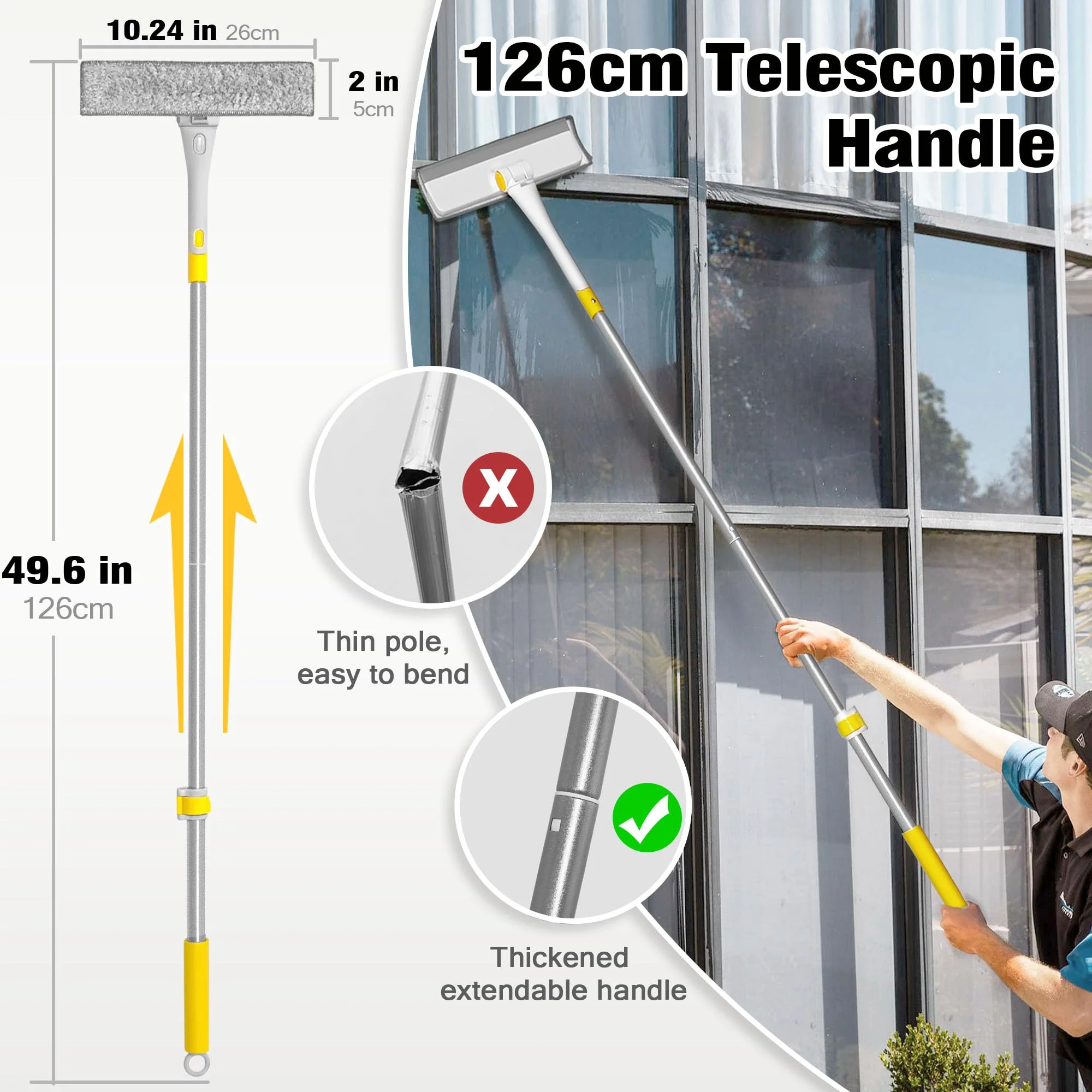 JEHONN Fensterputzer mit 126 cm Teleskopstange, Fensterreiniger Set Professioneller Fensterwischer mit Squeegee und Mikrofasertuch für Glaswand Auto Haus Küche - Image 5