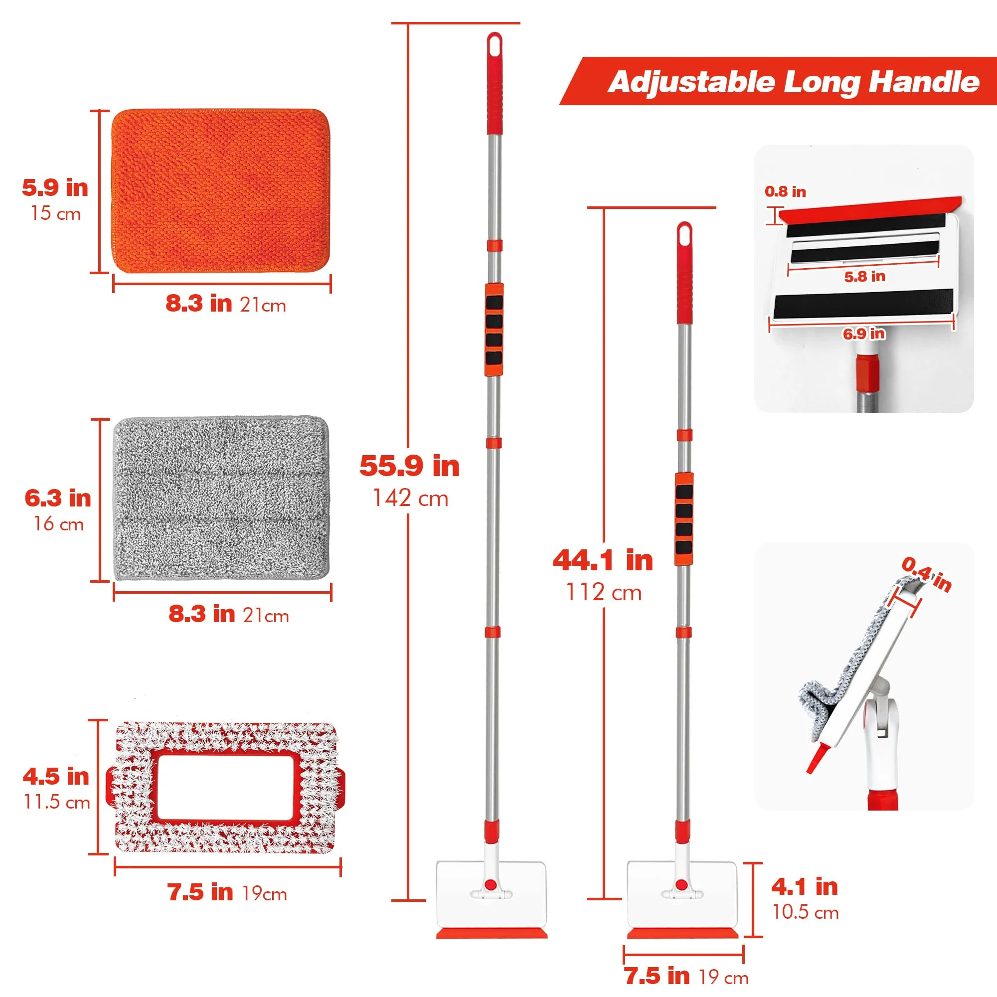 JEHONN Wischmopp Fliesenreiniger Gerät mit Langem Griff 142 cm, Wand und Fußleisten Reiniger, 4-in-1 Fliesen Reinigungsgerät mit 1 Bürste, 2 Chenille, 2 Mikrofaserpads für Fußbodenleiste - Image 3