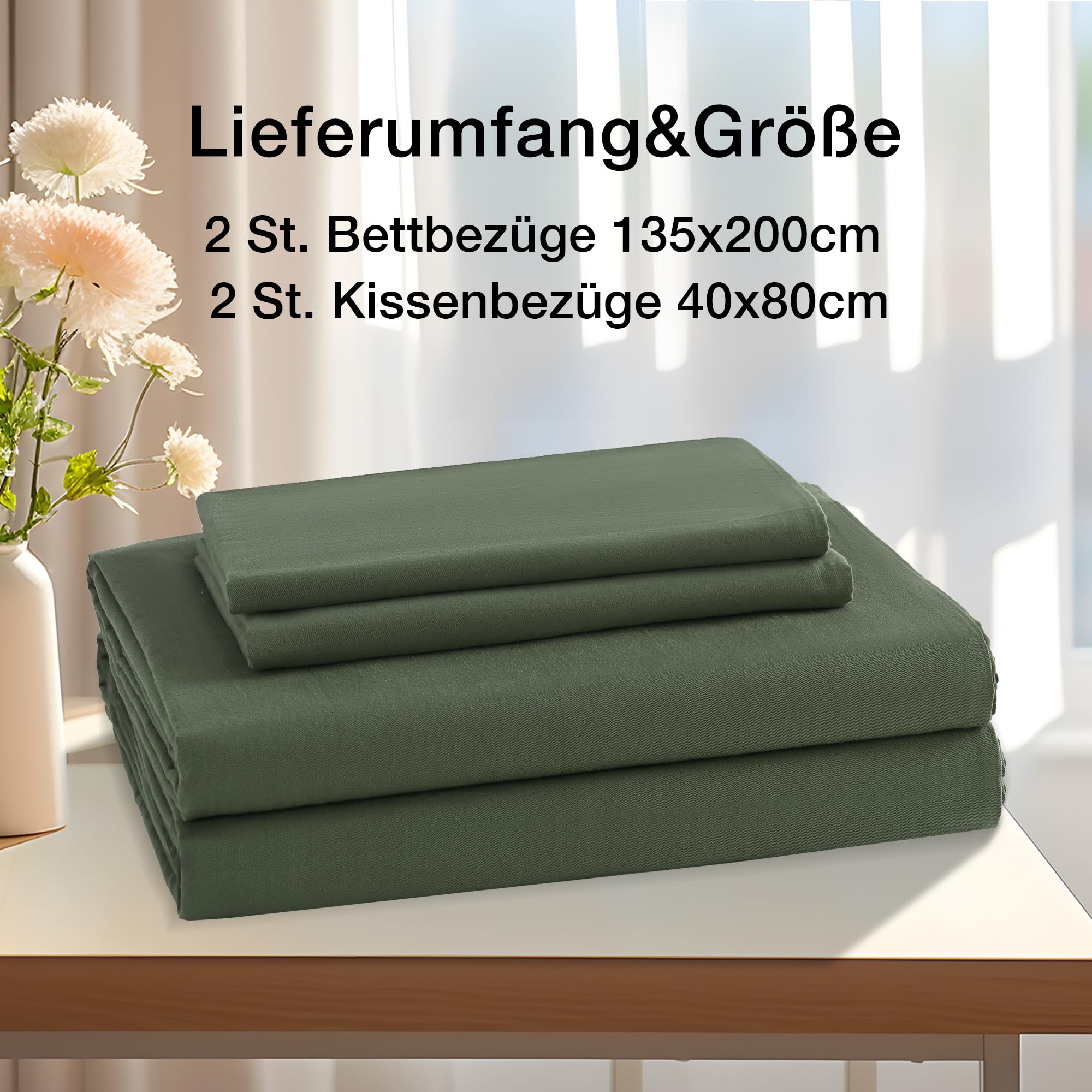 JELLYMONI Bettwäsche 135x200 Baumwolle 4-Teilig Bettwäsche-Sets Grün Oeko-Tex 100% Gewaschene Baumwolle 2 Bettbezüge mit Reißverschluss und 2 Kissenbezüge 40X80 mit Umschlag Weich 4tlg. Bettwäsche - Image 2