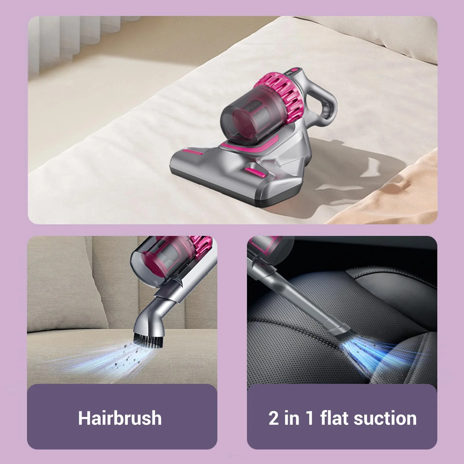 Jiawu Bettstaubsauger - 3-in-1-Akku-Matratzenstaubsauger, 10Kpa Dual Beat Hand-Tiefenreiniger für Bettlaken, Teppich, Stoff, Sofa, Staubsauger, Geräuscharm - Image 4