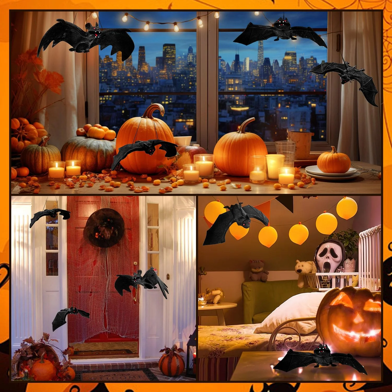 JIAWWAN Fledermaus Deko Gummi, 12 Stück Halloween Bat Decoration, 4 Größen Fledermäuse, Realistische Gruselige Hängend 3D Fledermäuse Deko, Schwarz Horror Bats Wall Sticker für Halloween Party Deko - Image 2
