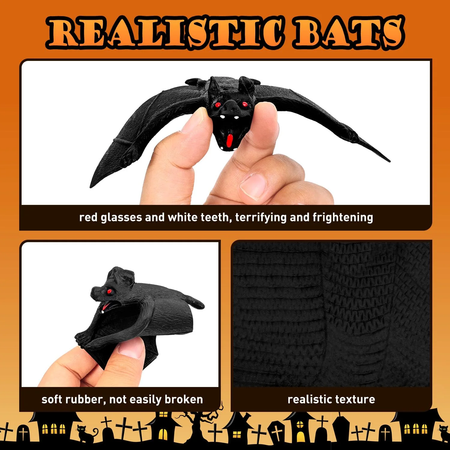 JIAWWAN Fledermaus Deko Gummi, 12 Stück Halloween Bat Decoration, 4 Größen Fledermäuse, Realistische Gruselige Hängend 3D Fledermäuse Deko, Schwarz Horror Bats Wall Sticker für Halloween Party Deko - Image 4