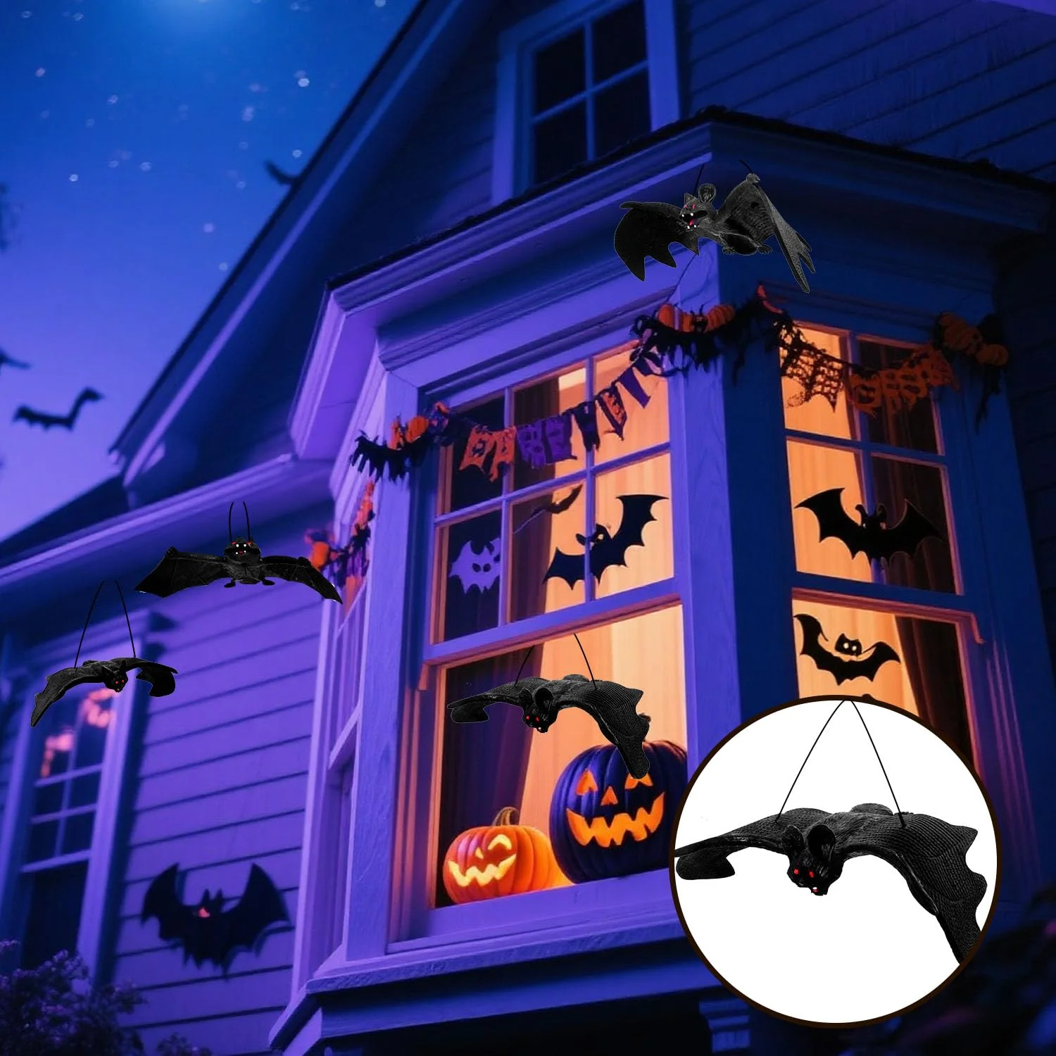 JIAWWAN Fledermaus Deko Gummi, 12 Stück Halloween Bat Decoration, 4 Größen Fledermäuse, Realistische Gruselige Hängend 3D Fledermäuse Deko, Schwarz Horror Bats Wall Sticker für Halloween Party Deko - Image 7