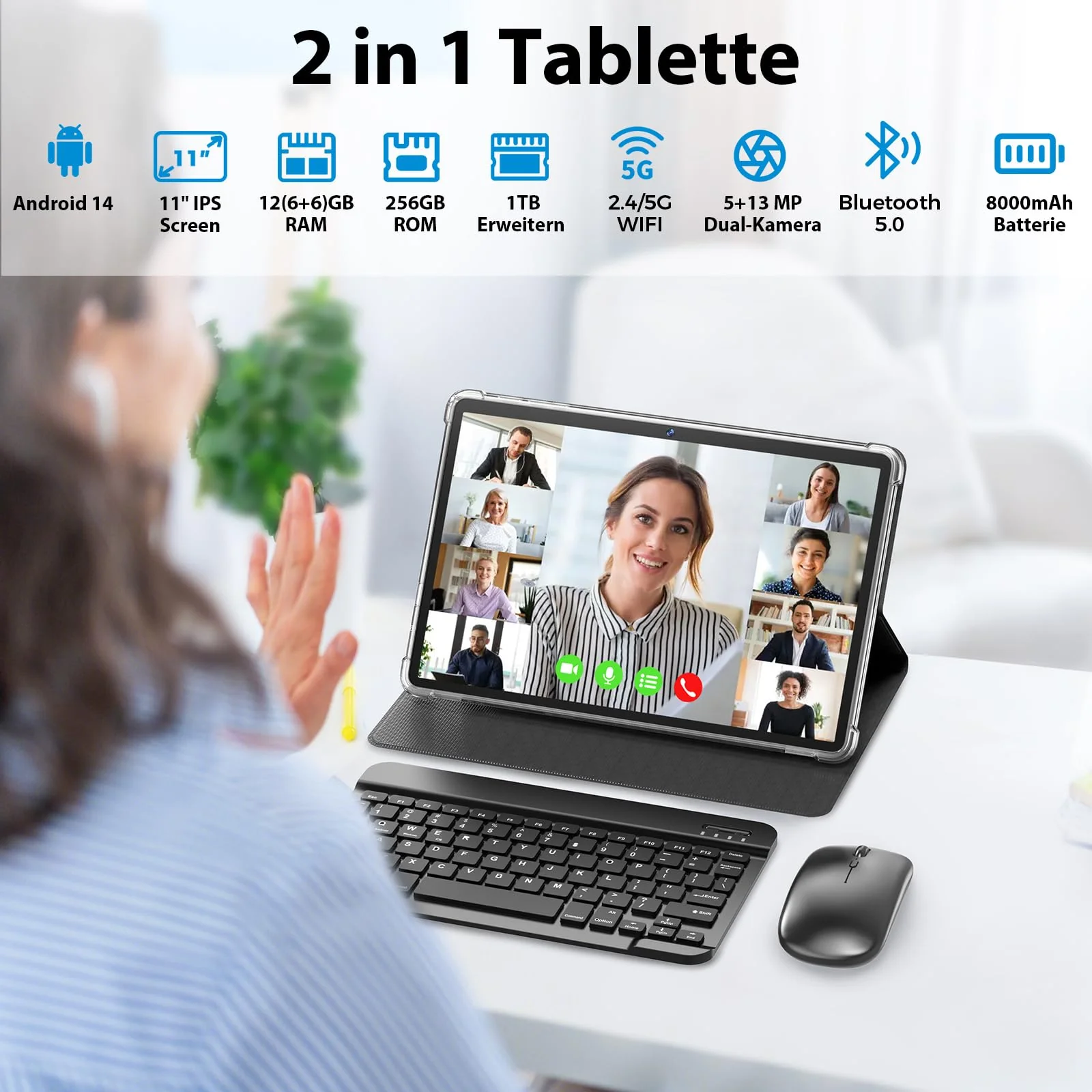 JJGJ Android Tablets,11 Zoll Tablet Android 14 mit Tastatur, 12GB+256GB, 1TB Expand, Octa-Core, 8000mAh, 2.4G/5G WiFi, 13MP+5MP Kamera, 2 in 1 mit Tastatur Tasche, Maus, Stylus(Schwarz) - Image 10