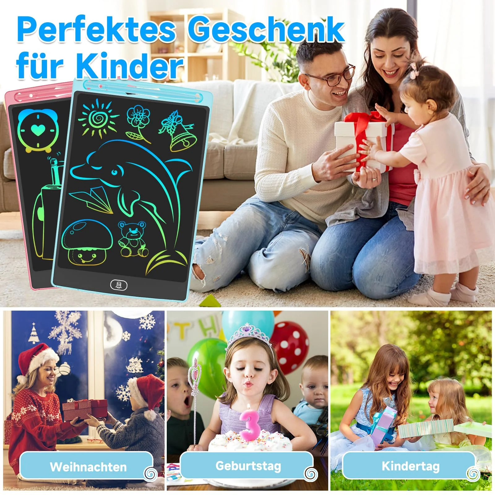 JOEAIS LCD Schreibtafel 2er-Pack, 12 Zoll Drawing Tablet mit Stylus Lanyard, Beschäftigung Digital Notepad für Kinder im Flugzeug, Zeichentafel für Jungen und Mädchen (Rosa+Blau) - Image 2