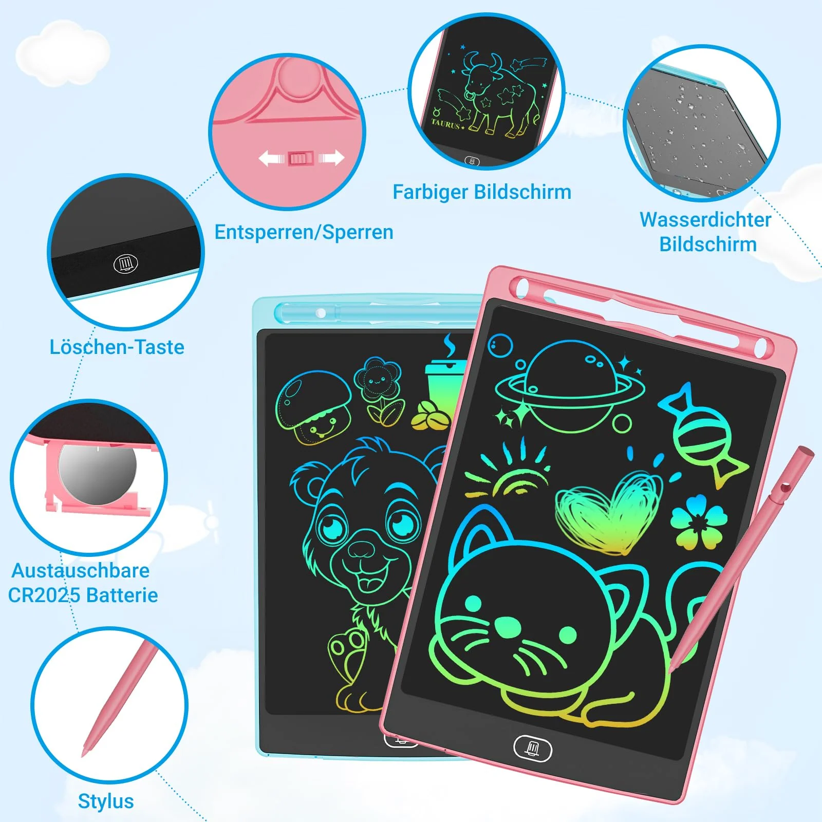 JOEAIS LCD Schreibtafel 2er-Pack, 8,5 Zoll Drawing Tablet mit Stylus Lanyard, Beschäftigung Digital Notepad für Kinder im Flugzeug, Zeichentafel für Jungen und Mädchen (Rosa+Blau) - Image 3