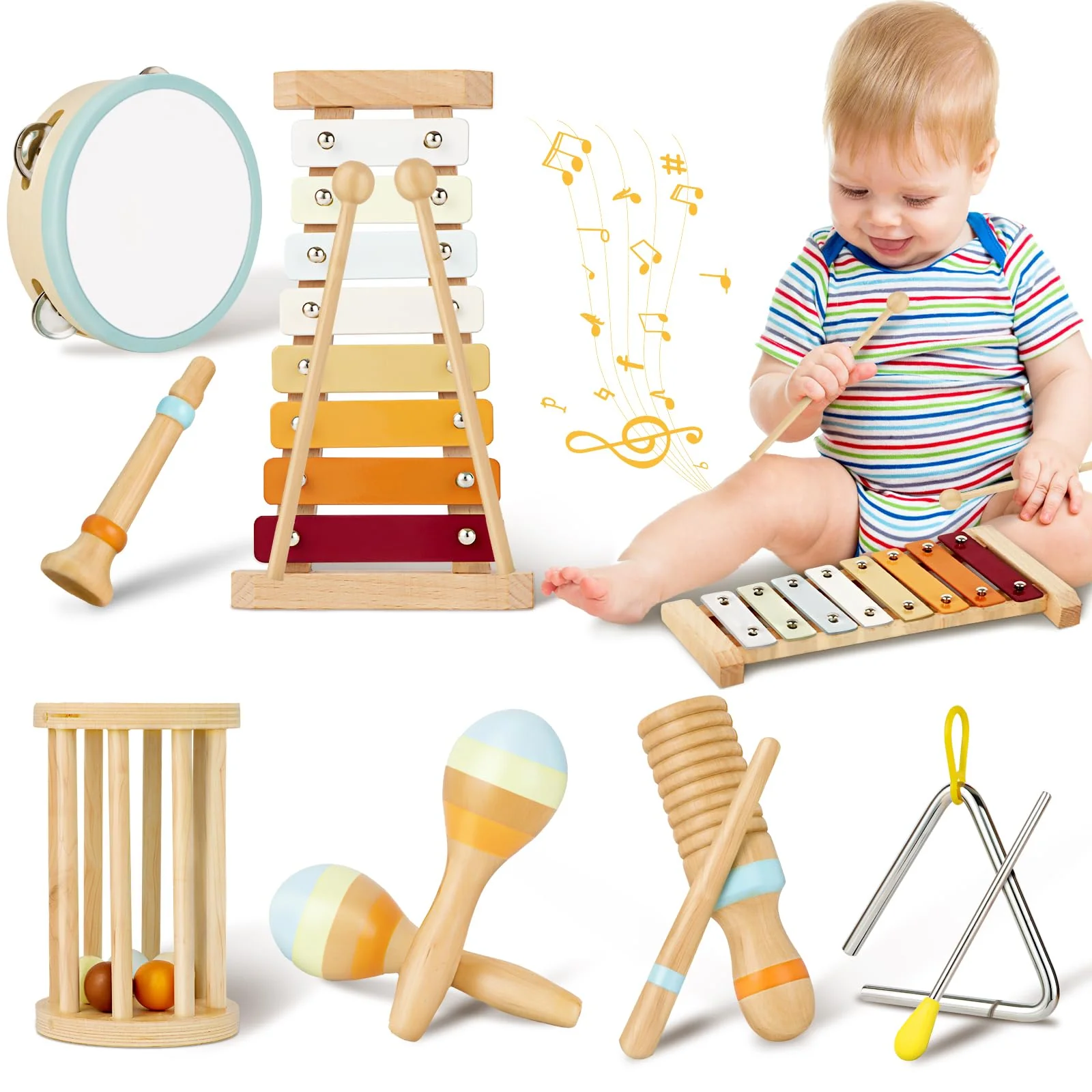Joellfuner Musikinstrumente für Kinder, 10 Stück Percussion Instrumente Set für Babys, Musikinstrumente für Kinder ab 1 Jahr, Musikspielzeug Geburtstagsgeschenk von 1-3 Jahren