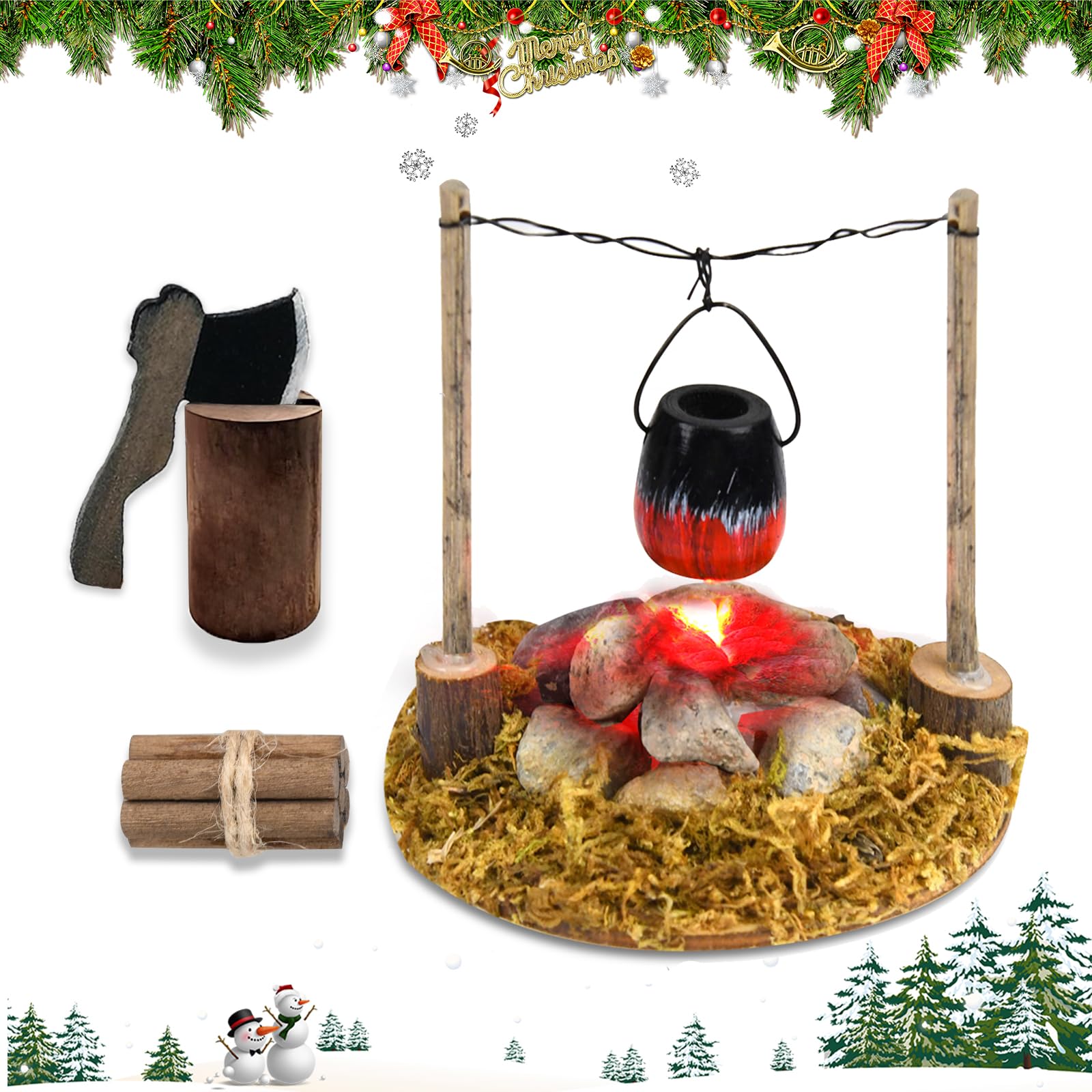 Johiux Wichtel Zubehör Weihnachten LED-Lagerfeuer,Miniatur Stadtflamme Mini Lagerfeuer Wichtelzubehör Miniatur Wichtel Zubehör,Wichtel Feuerstelle Miniatur Weihnachten Lagerfeuer Krippe Zubehö.