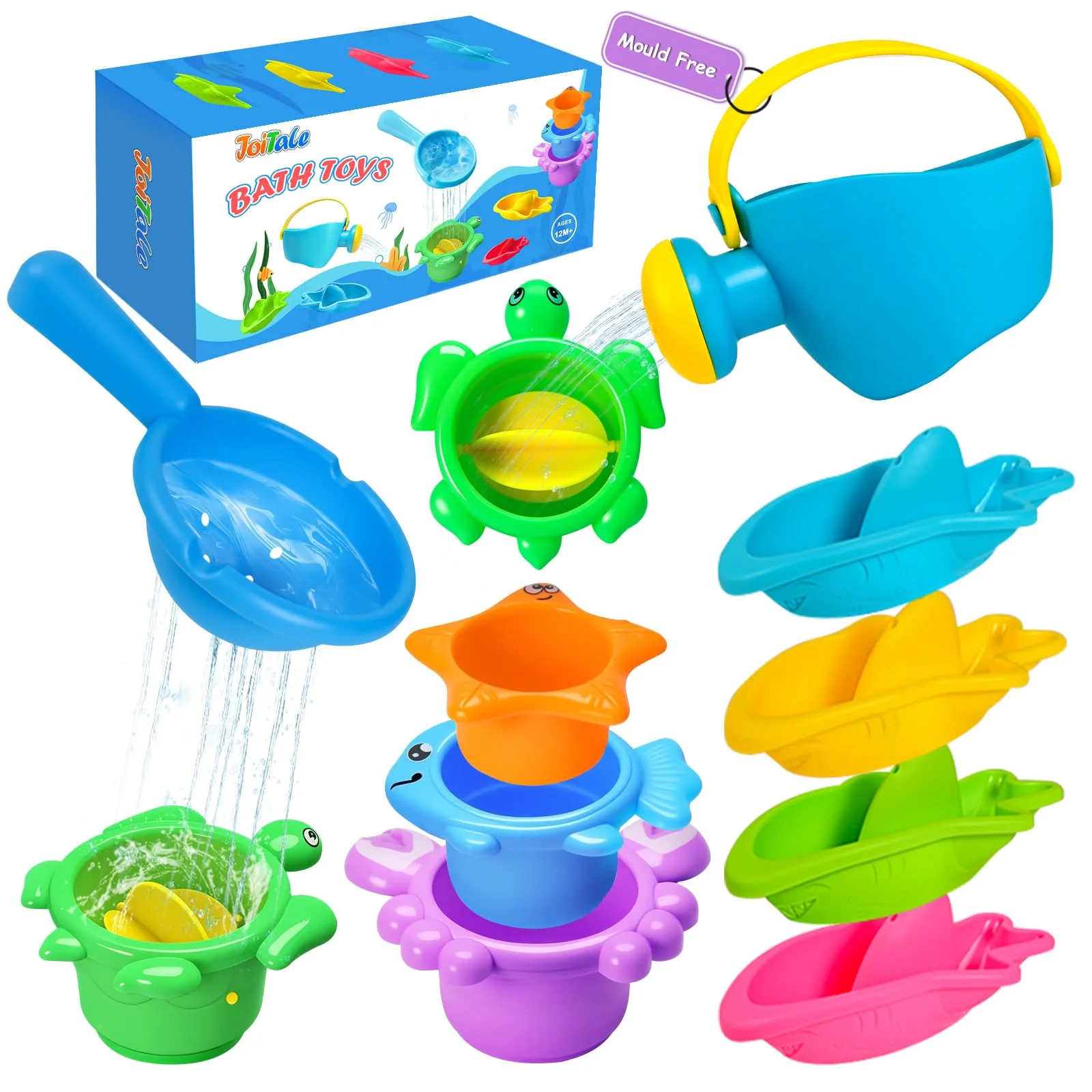 JoiTale Badespielzeug Baby ab 1 2 3 4 Jahr, 10 Stück Schimmelfreies Wasserspielzeug Kinder Badewanne Pool Spielzeug, Badeschiffchen Badelöffel Badewannenspielzeug für Jungen und Mädchen
